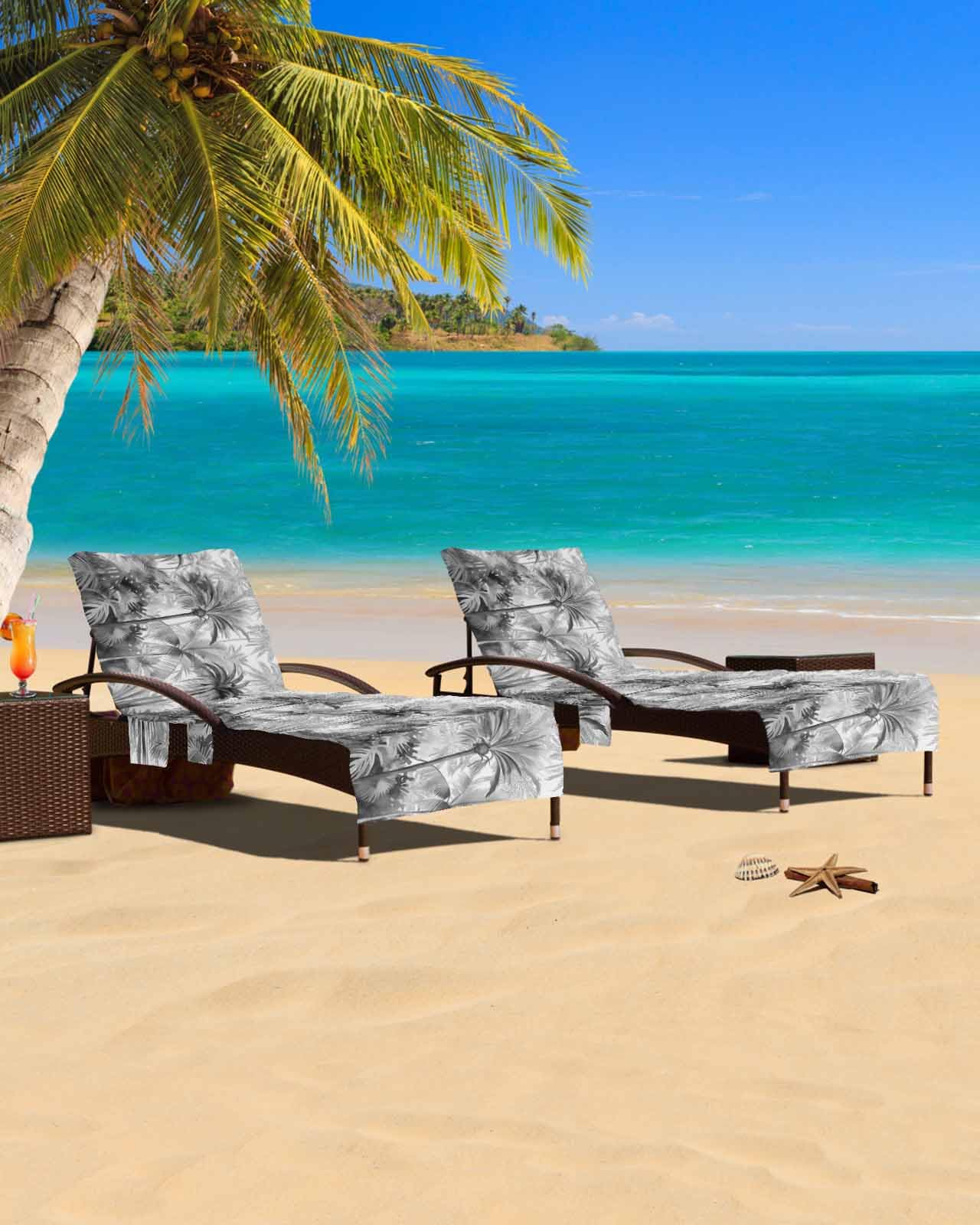 Grey Palm Tree Beach Chair Cover with Side Pockets, Microfiber & Quick Dry Pool Chaise Lounge Chair Towels Covers for Sun Sunbathing Patio Garden Hotel, Summer Tropical Coconut Watercolor