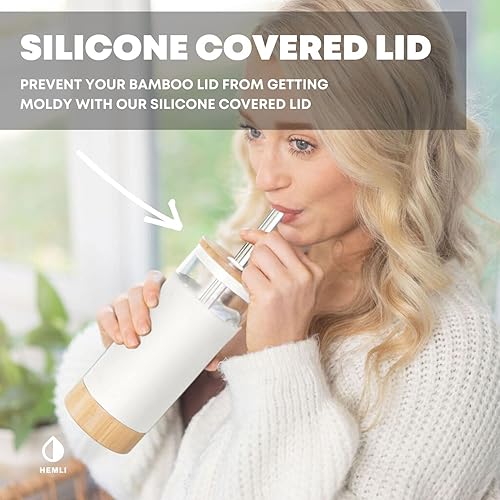 Miniatura 3 de Hemli Vaso de vidrio de 22 onzas con popote y tapa de bambú, taza Boba reutilizable, taza de té de burbujas, vaso de café helado con funda de