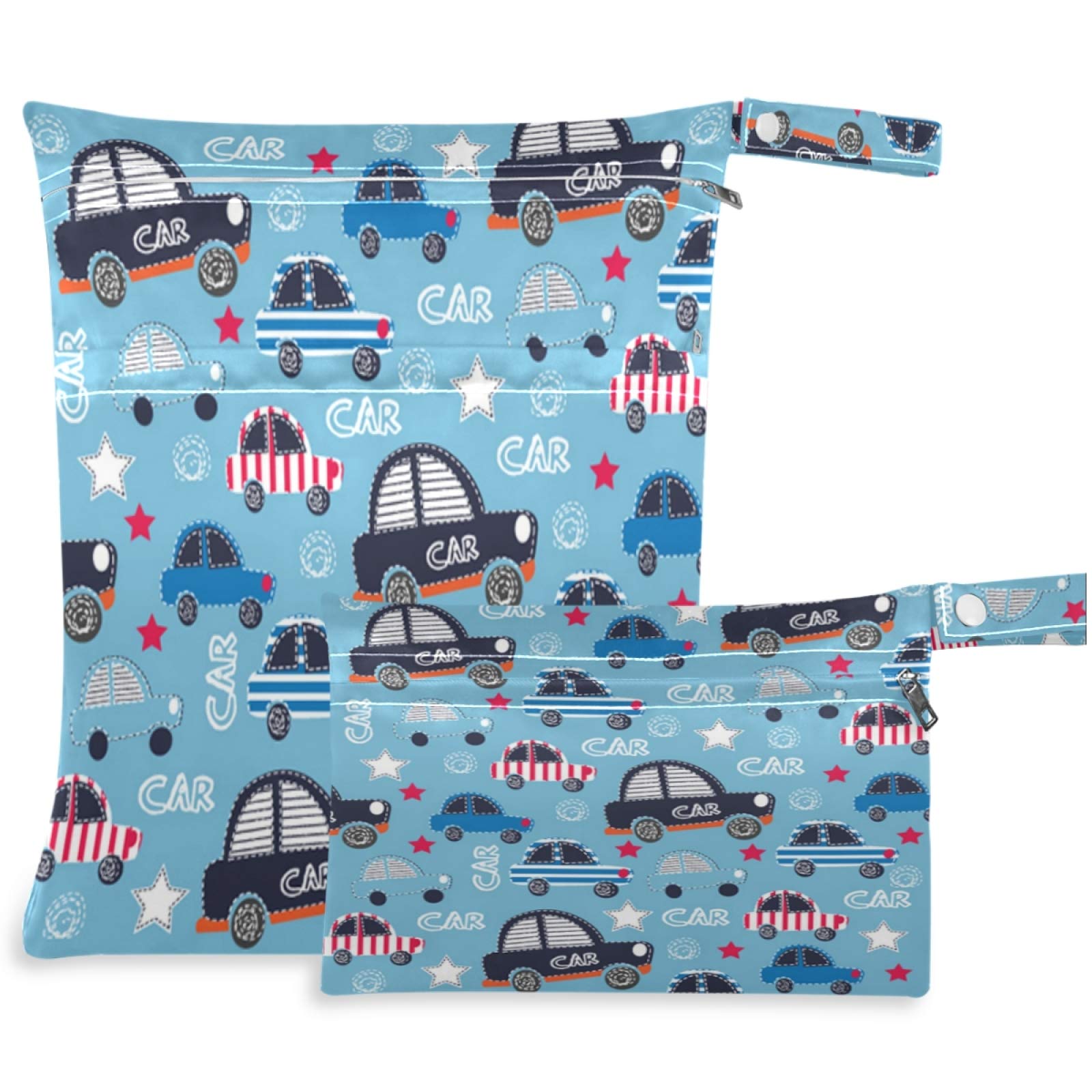 visesunny Funny Car with Stripe Blue 2Pcs Wet Bag with Zippered Pockets Washable Reusable Roomy for Travel,Beach,Pool,Daycare,Stroller,Diapers,Dirty Gym Clothes, Wet Swimsuits, Toiletries
