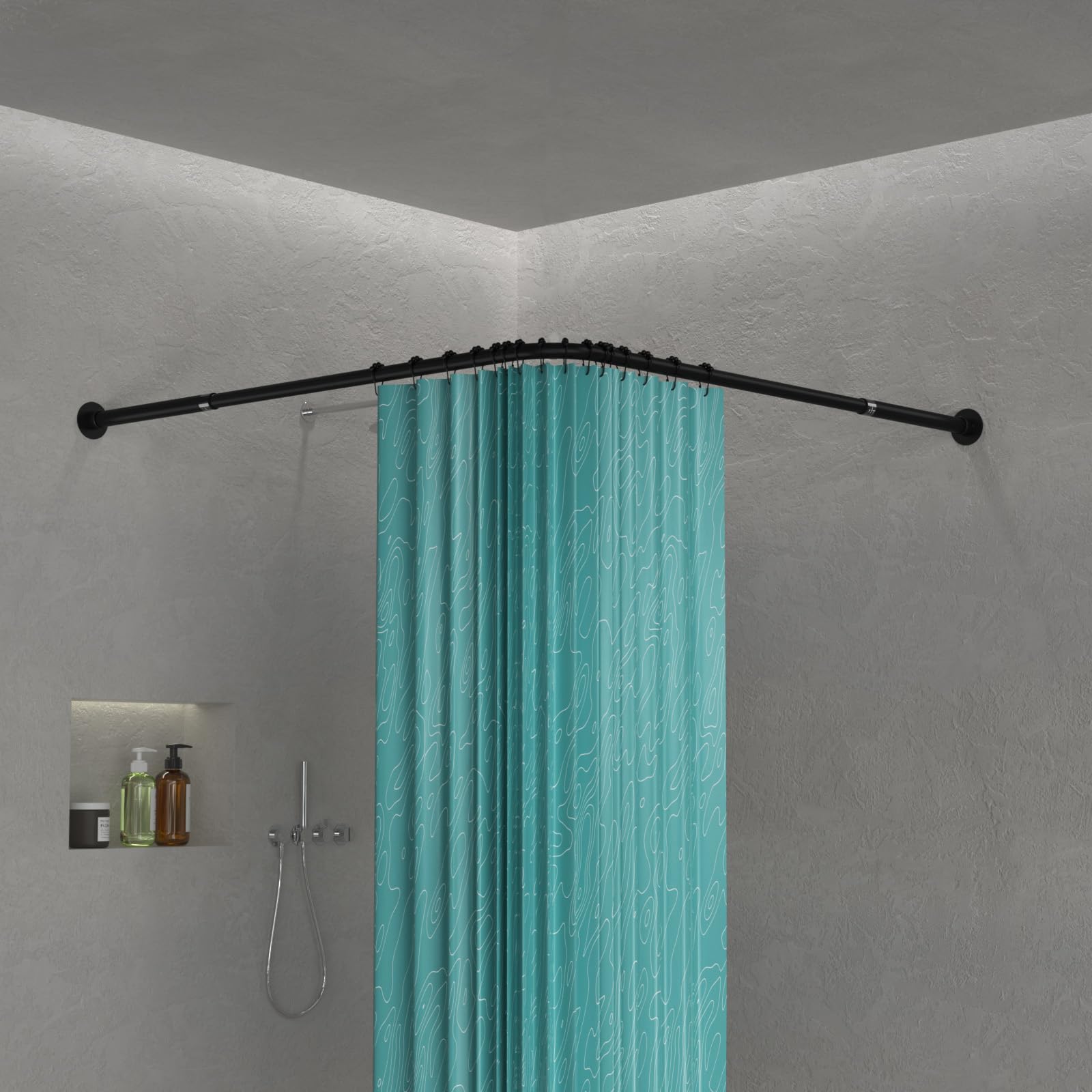 Bastone Tenda Doccia a L, estensibile 62–94x141–174cm, Nero | Dimensioni standard, 16 anelli per tenda doccia, leggero stabile, foratura, soffitto opzionale., doccia/vasca.
