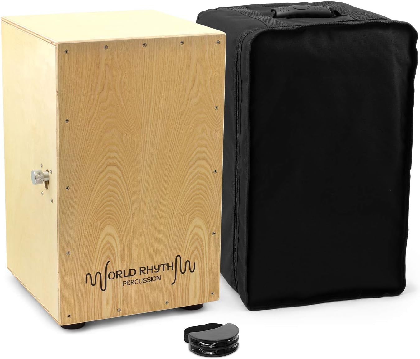 World Rhythm Natural Cajon Drum with Adjustable Snare & Foot Tambourine
