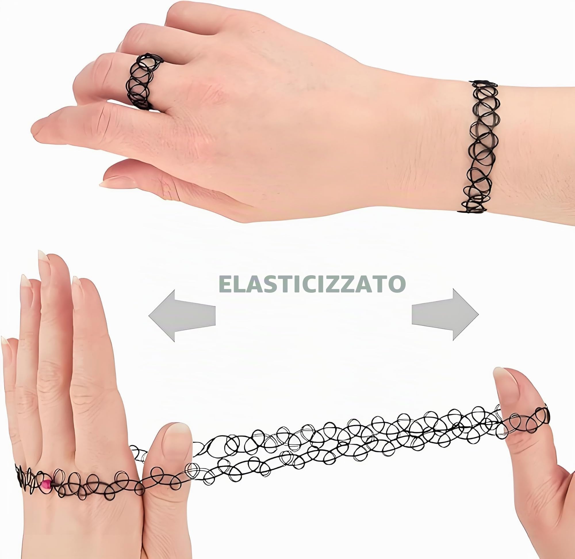 12 Pezzi Choker Set Collana,set di Collane,Braccialetti e Anelli con Tatuaggi,Chocker elastica regolabile,Choker Donna,Choker Nero in stile Gotico anni 90,adatte per Donne e Ragazze