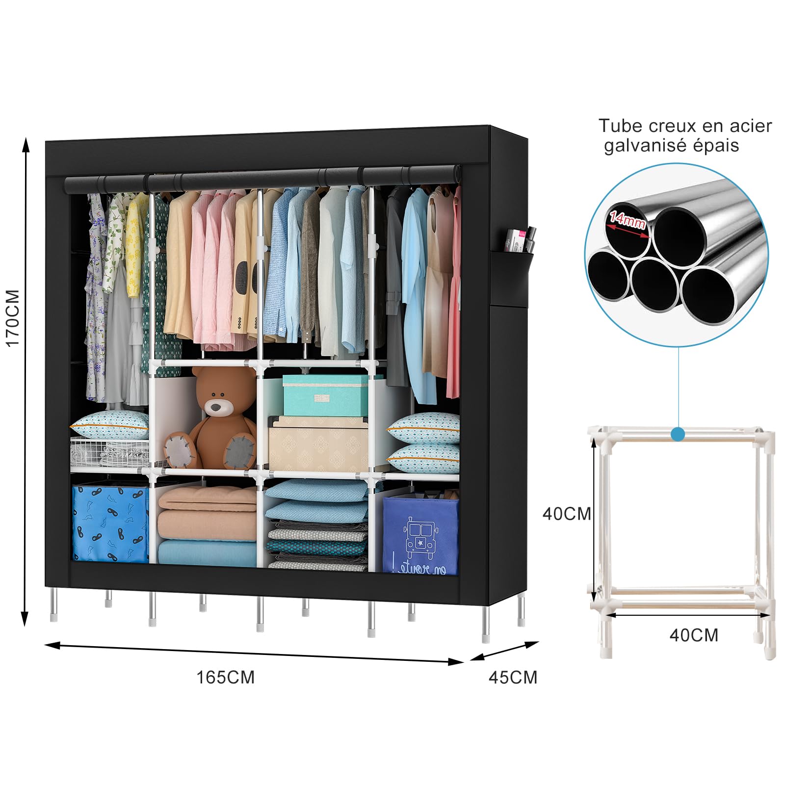 Mihoho Armoire Portable, penderie Suspendue de 170 cm, Portant à vêtements en métal, Armoire autoportante avec Housse en Tissu Oxford, 165 cm x 170 cm x 45 cm (Noir A, Grand)