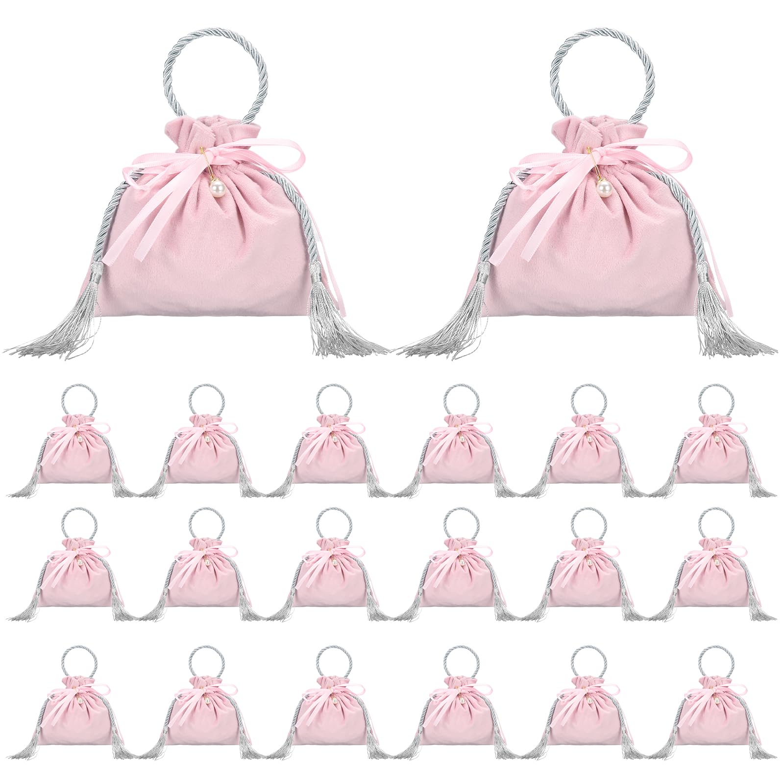 PATIKIL Velvet Drawstring Bags, (6.3 x 6.7 Inch, Pink/Silver) (20 Pcs), Flannel Jewelry Bags with Pearl and Tassel Mini Candy Packaging Storage Pouches, Suit for - Wedding/Favor/Party