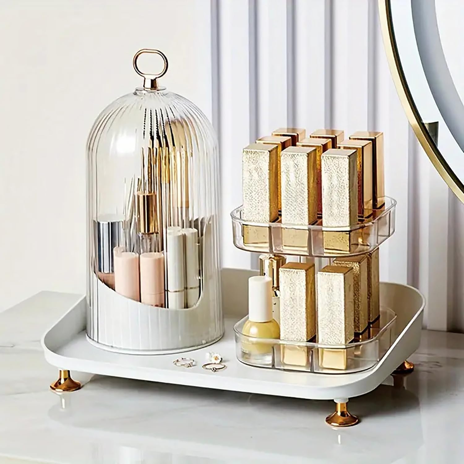 House of Quirk Makeup Organizer for Vanity, 360° Rotating Cosmetic Holder Sliding Door with Brush Holder, Large Capacity for Cosmetics (White) (B0D4D1NG62) Amazon Price History, Amazon Price Tracker