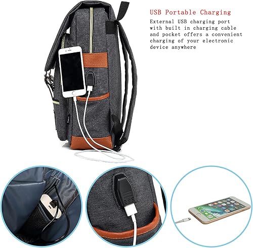 Miniatura 2 de UGRACE - Mochila vintage para portátil con puerto de carga USB, elegante mochila de viaje resistente al agua, mochilas casuales para hombres y