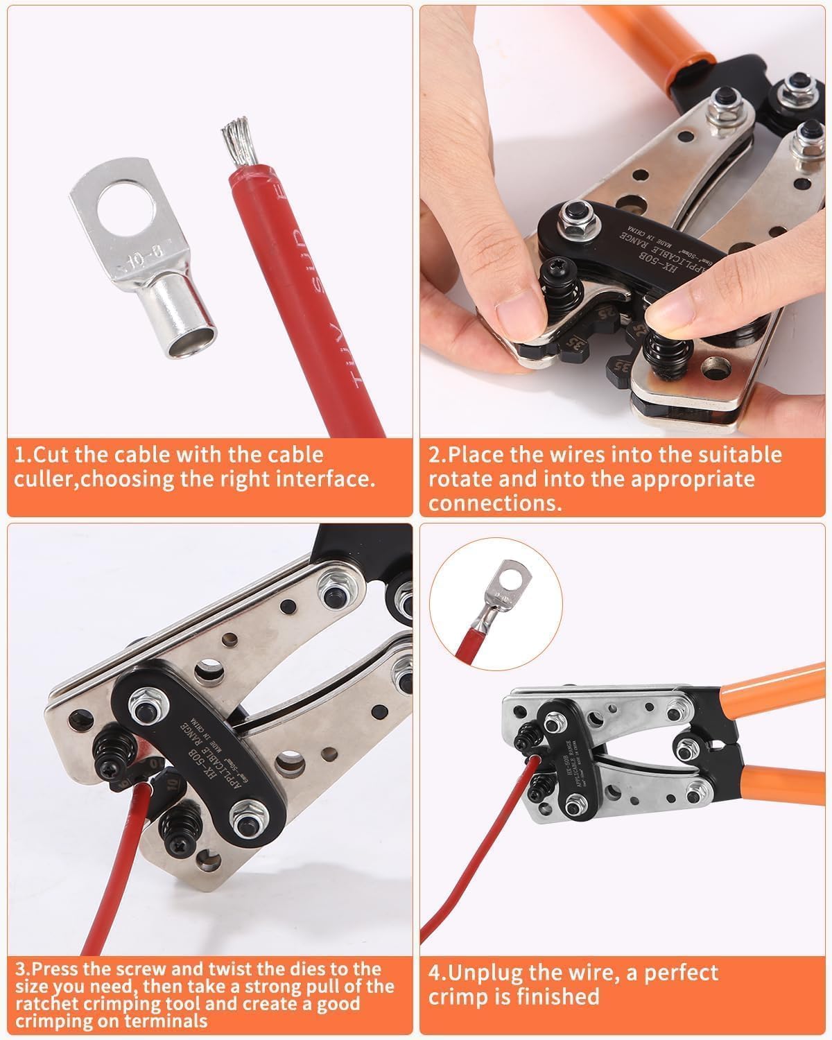 Pinza Crimpatrice, Pinza capicorda AWG 10-0, 6/10/16/25/35/50 mm²Crimpatrice Capicorda con 60 PCS terminali ad anello in rame + 60 PCS tubo termorestringente Potente pinza a crimpare