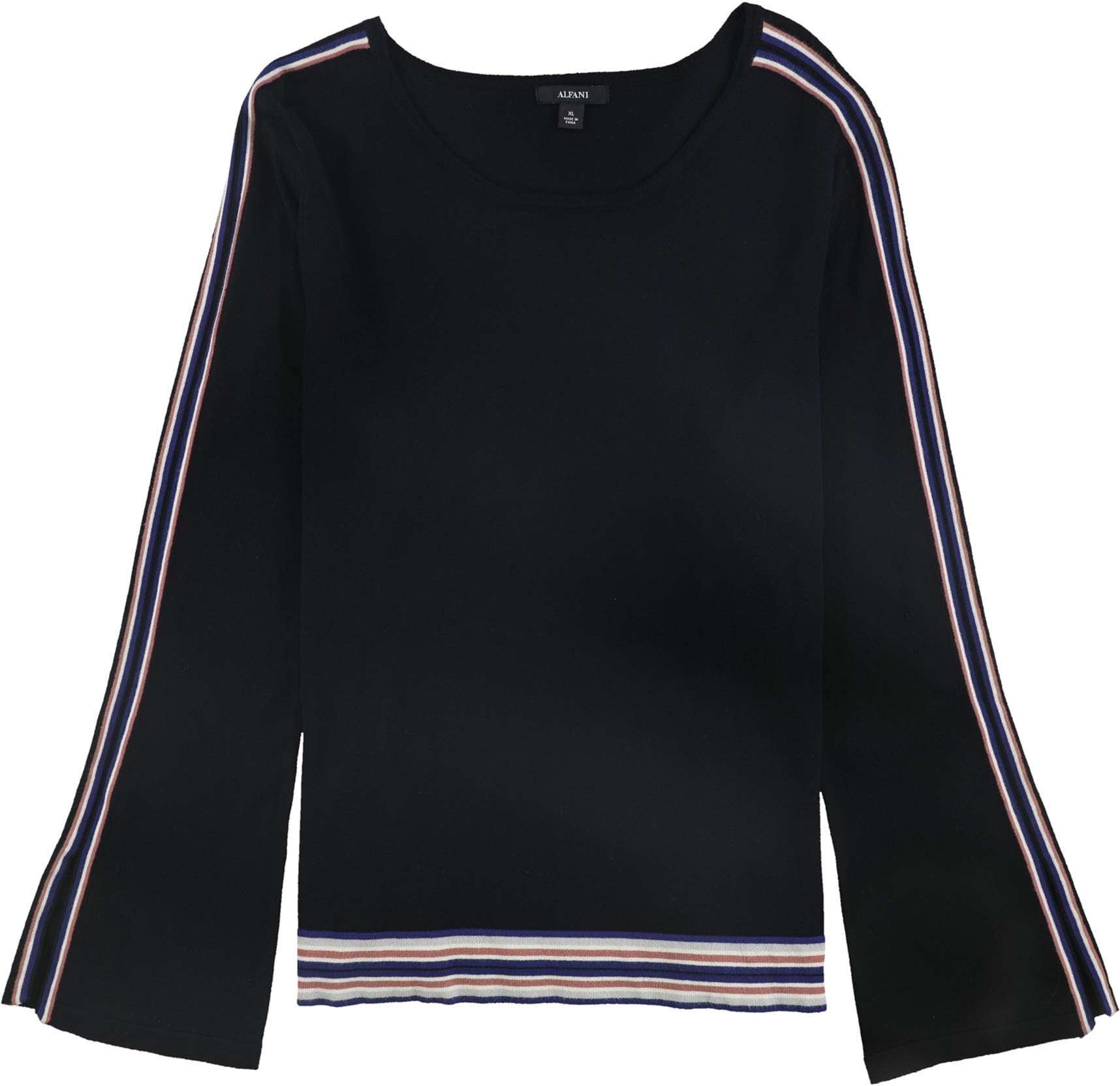 Womens Striped Bell Sleeve Pullover Sweater, Black, Medium
