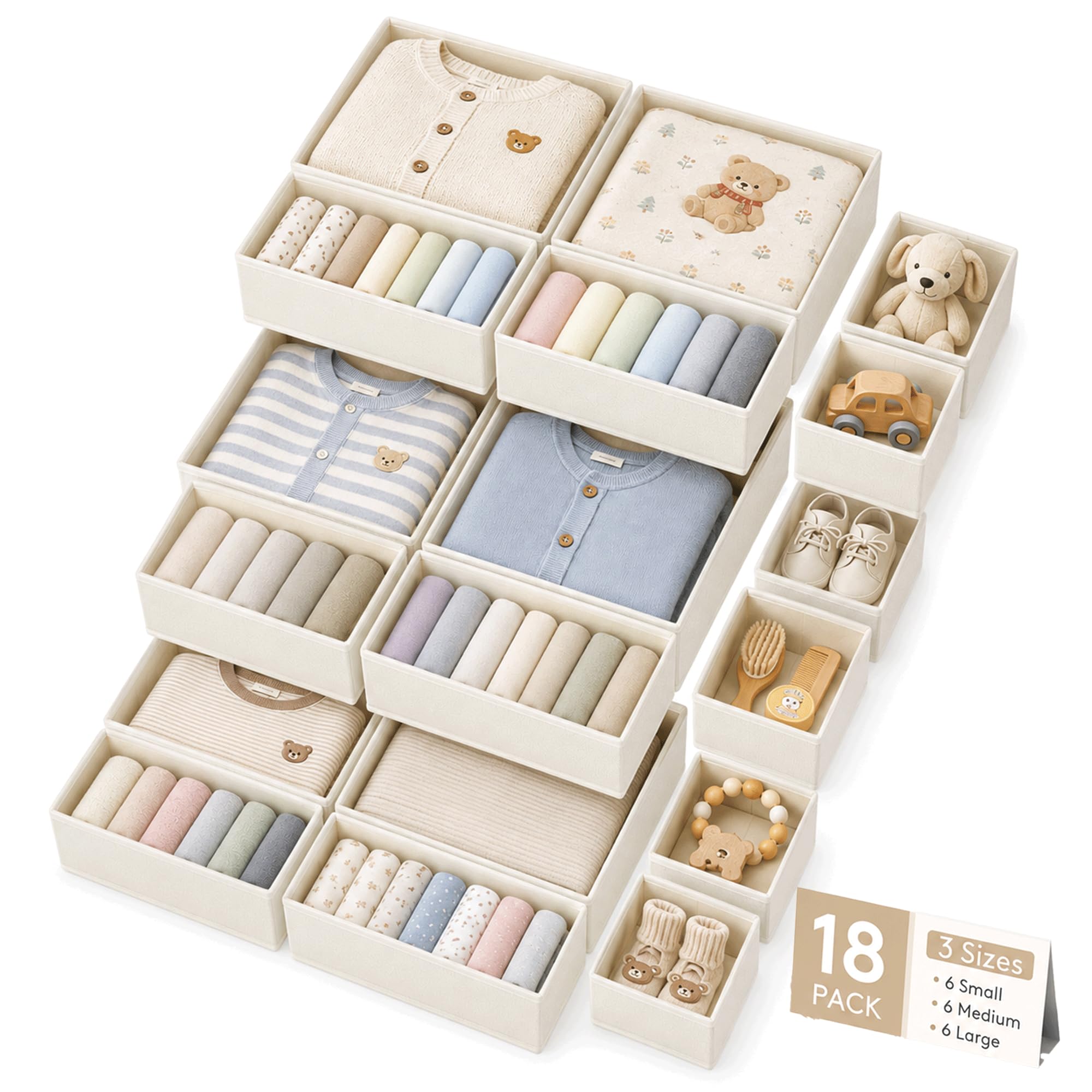 Set di 18 organizer per cassetti, divisori pieghevoli in tessuto per biancheria intima, calzini, reggiseni e vestiti per bambini, organizer salvaspazio per armadio e cassettiera, confezione da