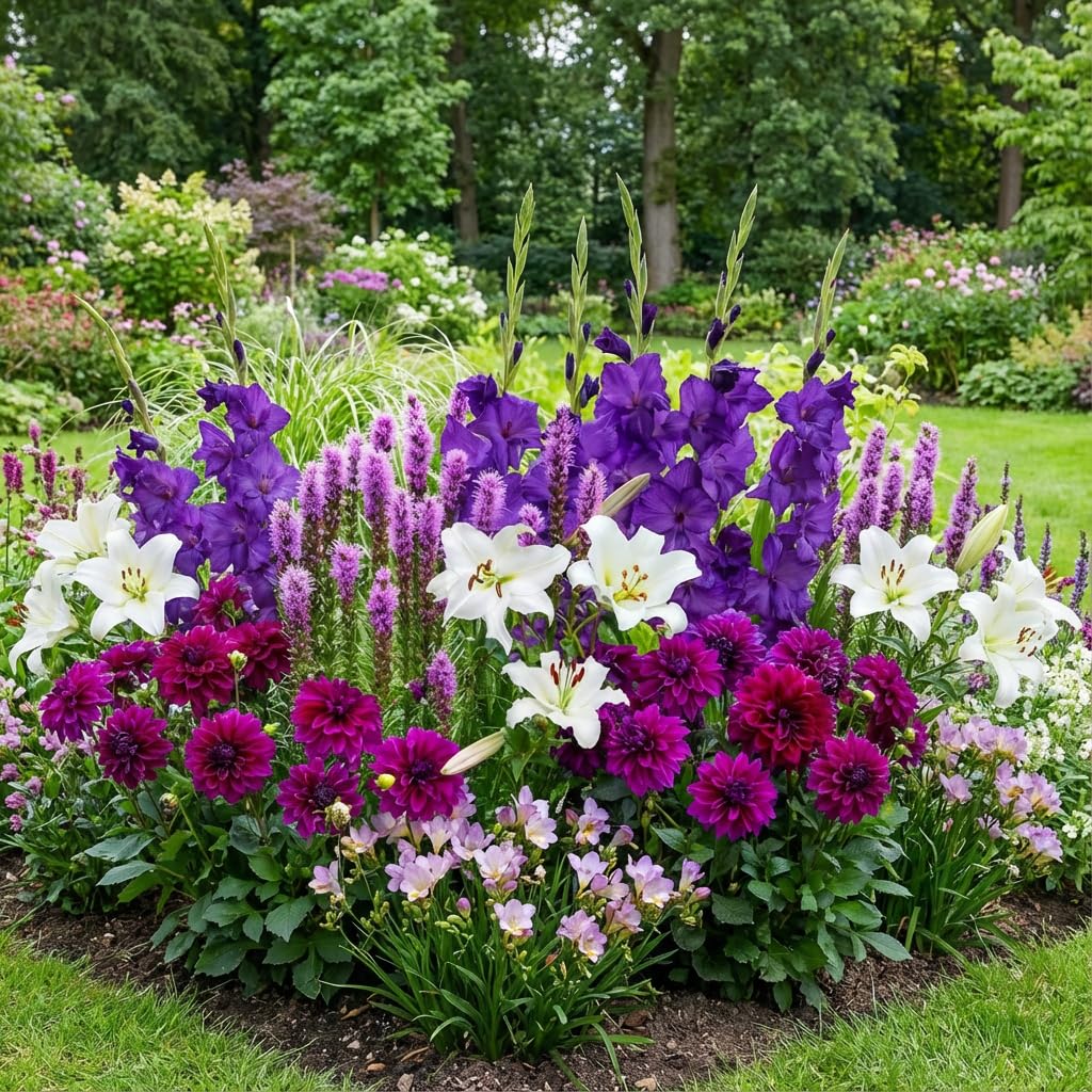 25 Sommerblumen zwiebeln Violet Charm Mix (25 blumenzwiebeln) Gladiolen, Dahlien, Freesien, Lilien, Liatris | Exklusive Mischung aus Holland | Mehrjährig Pflanzen für Garten, Töpfe (große Knollen)