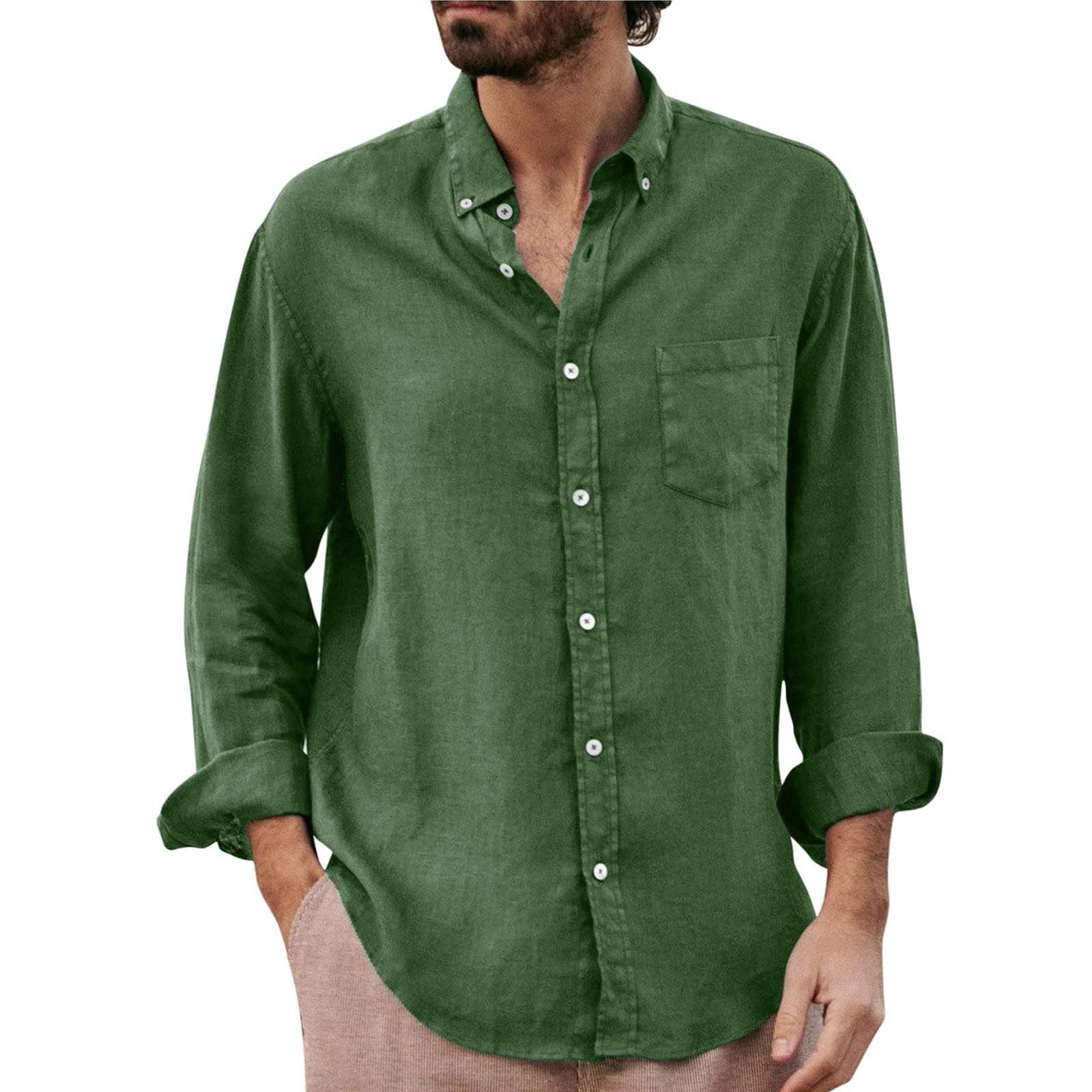 Genérico Camisas Lino para Hombre Manga Larga De Bolsillo Elegante Blusa con Botónes Original Camisa Hawaiana Monocolor Verano Camisa Camisas