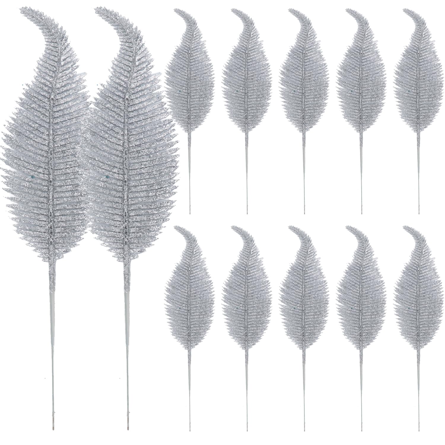 Kunjocy 12 Pieces Christmas Tree Feathers Decorations Artificial Glitter Leaves Picks Christmas Giant Baubles Ornament for DIY Accessories Christmas Tree Flower Arrangements Wreath Garland (Silver) - Image 2