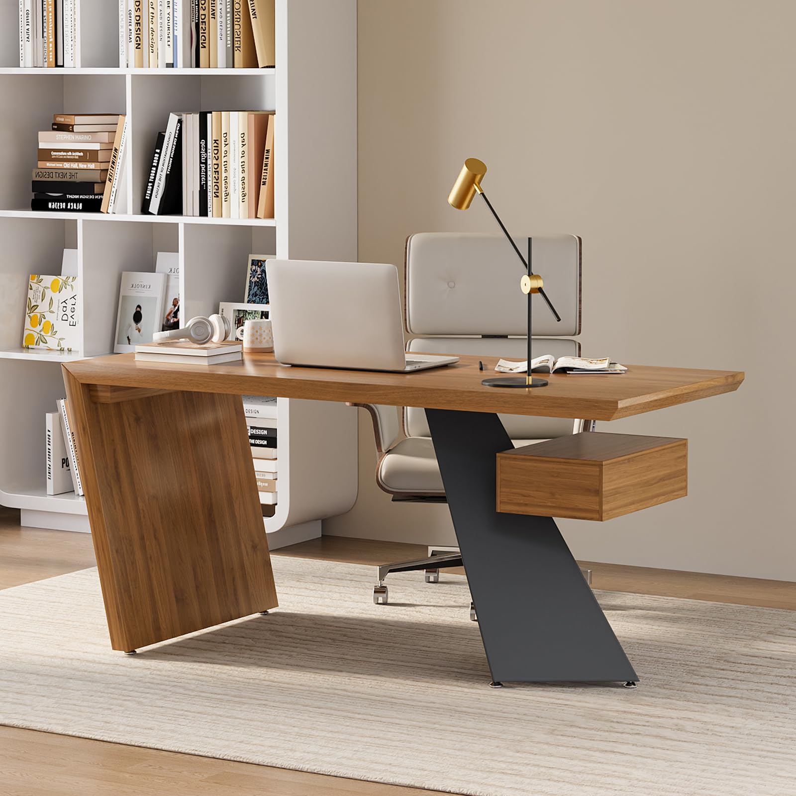 homary 63" Rustic Industrial Writing Desk, Home Office Desk with Drawer Natural Wooden Desk Home Office Computer Desk