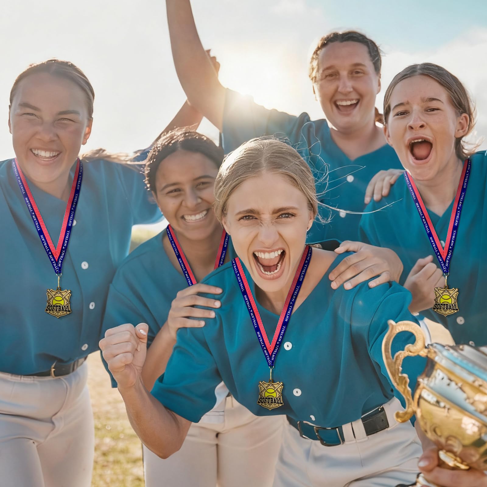 Ecation Medaglie con nastri per il collo, premi di calcio, premi per squadre di baseball, softball, bandiera, trofeo di calcio per bambini, competizioni sportive, regalo di celebrazione