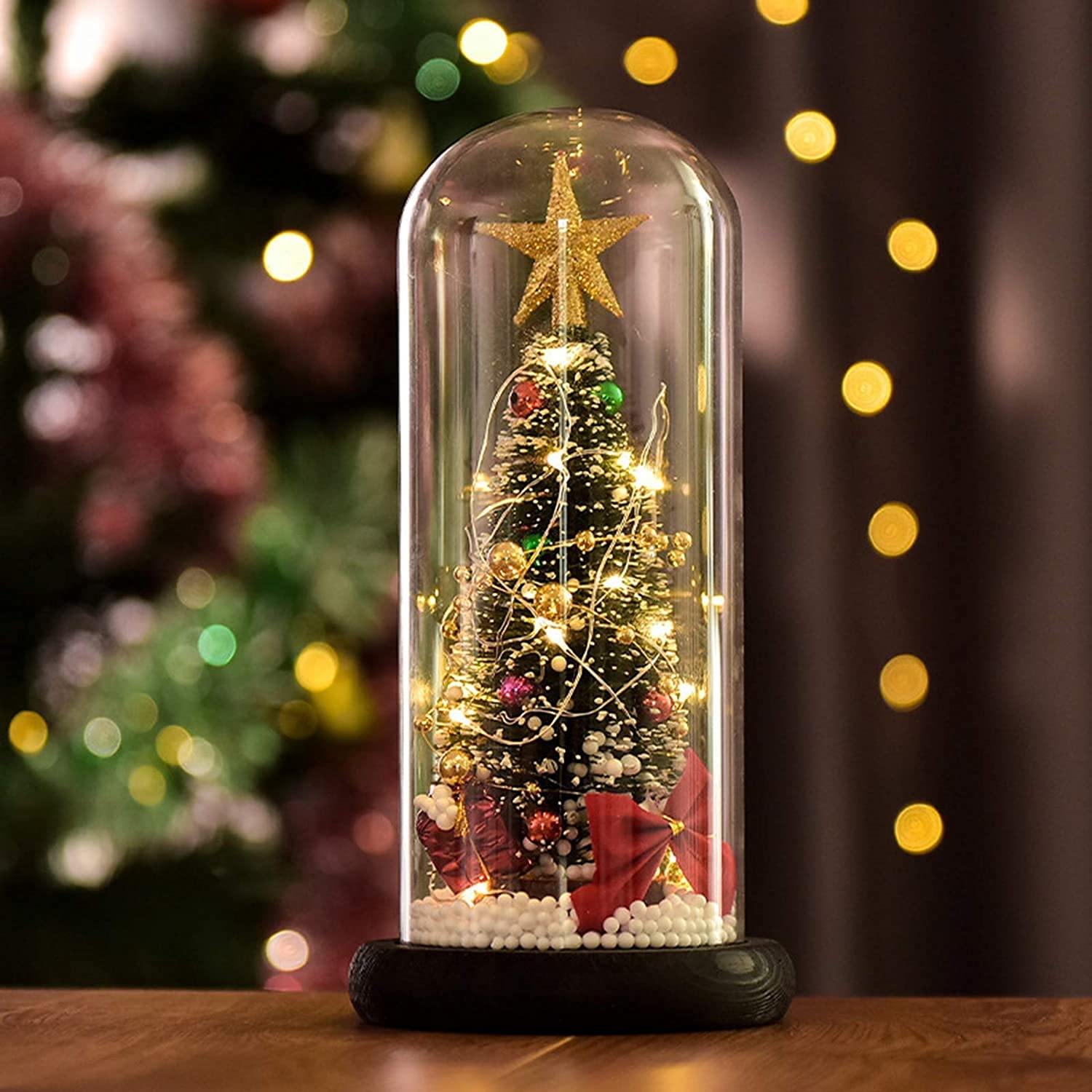 Arboles De Navidad 180 Cm DEDEMCO Mini árboles De Mesa De Navidad En Cúpula  De Cristal, 9 Pulgadas Con Luz De Cristal Pequeño Pino De Navidad Con Base  De Madera Con Pilas, image size:1500x1500