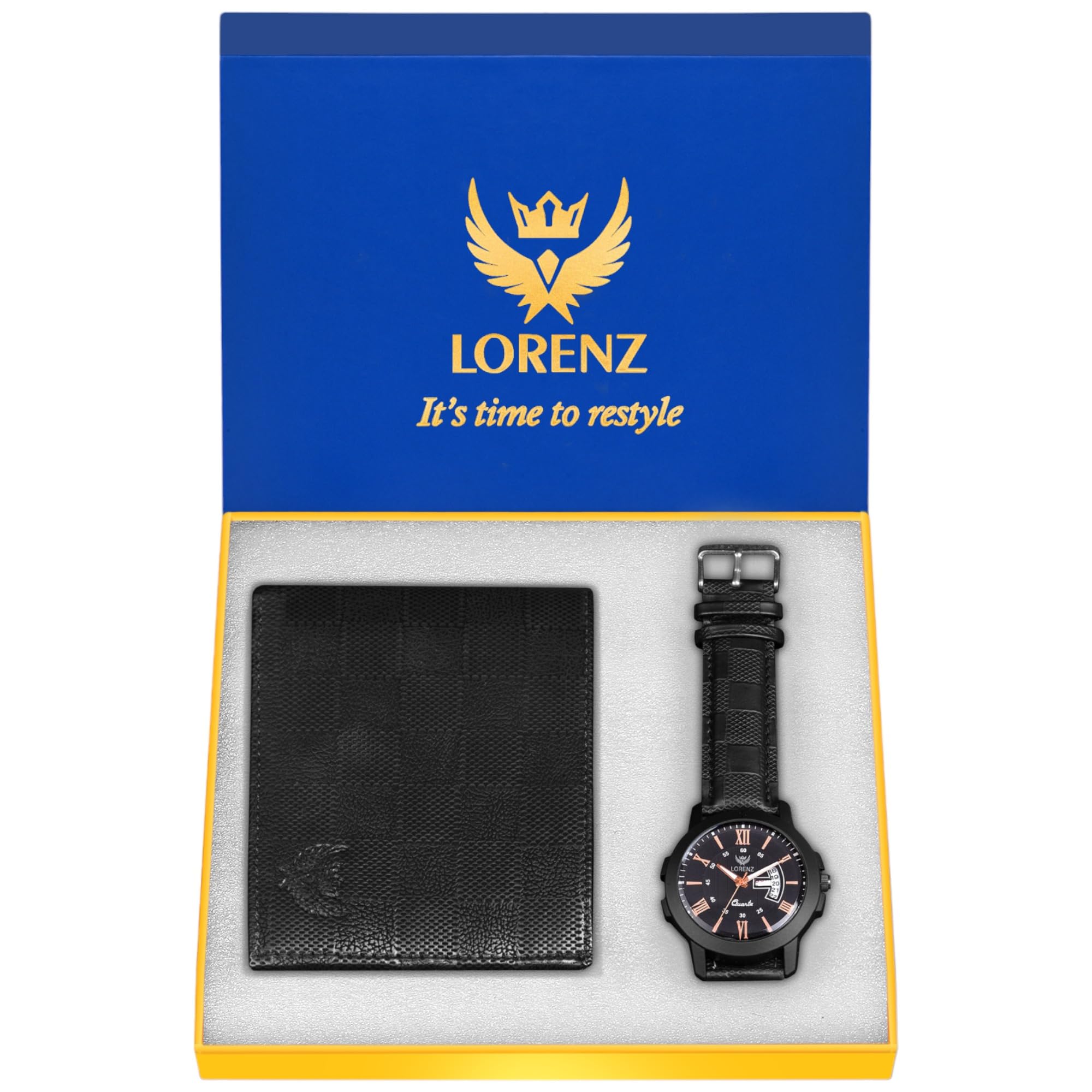 LORENZ Leather Gift Set Combo Of Black Day-Date Functioning Analog Watch, Hi-Quality Pu Wallet & Magnetic Gift Box For Men | Cm-4011Wl-58, Dial_Assorted, Band_Rose Gold (B0B2DS3L51) Amazon Price History, Amazon Price Tracker