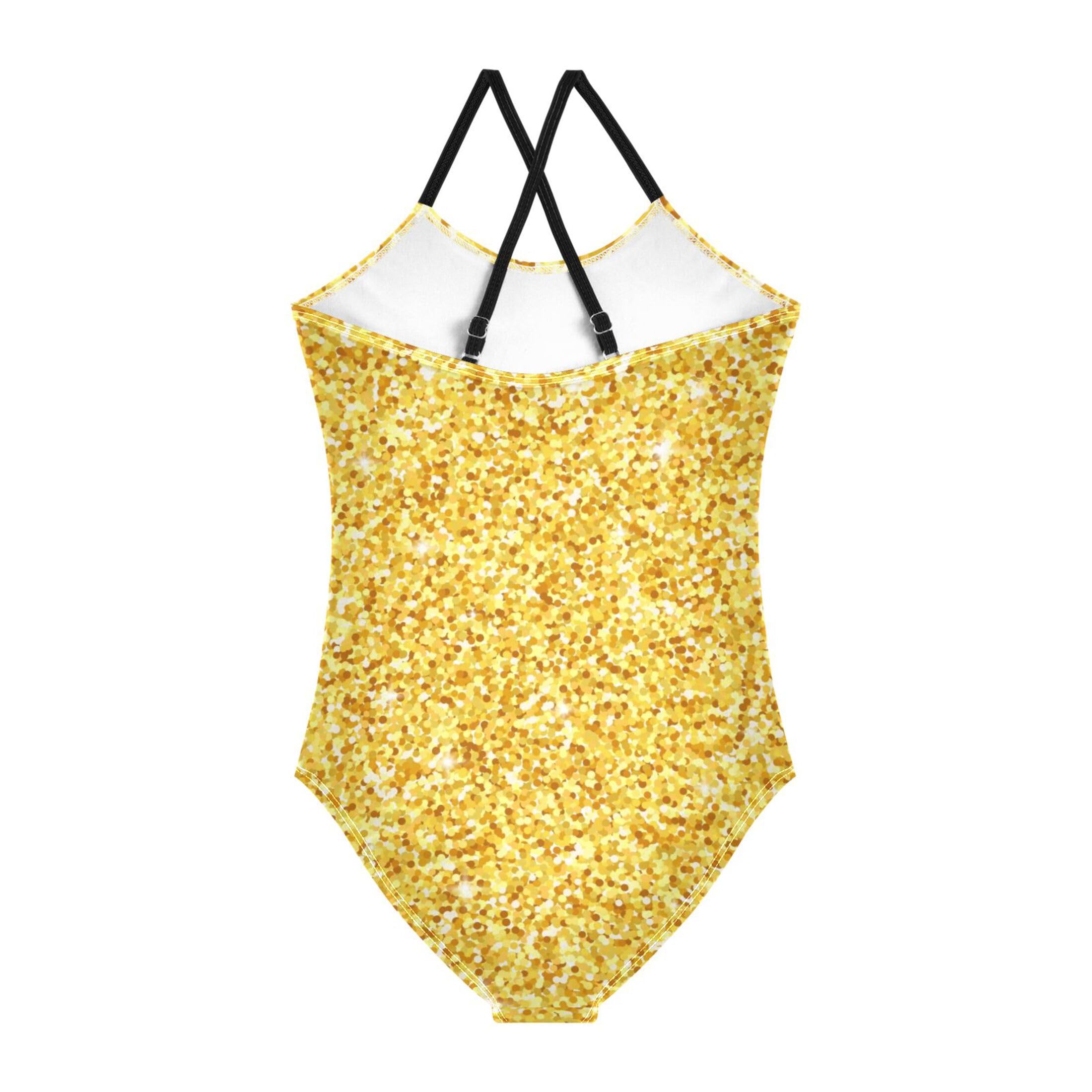 Vozoza Gold Glitter Little Girls One Piece Swimsuits Bathing Suit Beach Wear Kids Swimsuit Size 5-6t