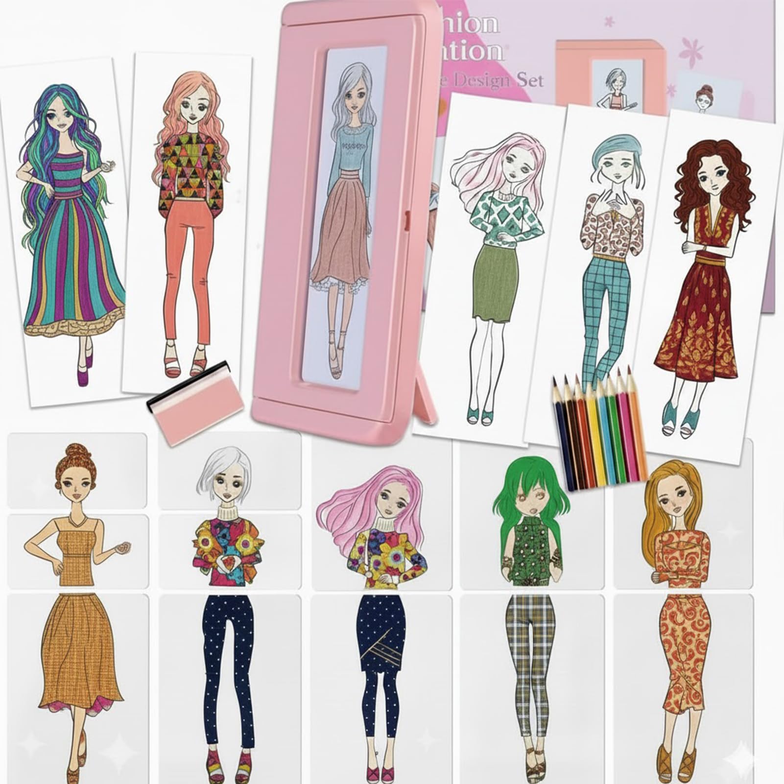 Pink Fashion Design Drawing Kit for Girls, 15 Double-Sided Rubbing Plates with Crayons, Colored Pencils, Paper & Display Frame, DIY Arts and Crafts Sensory Activity, Creative Gift for Kids Ages 3+