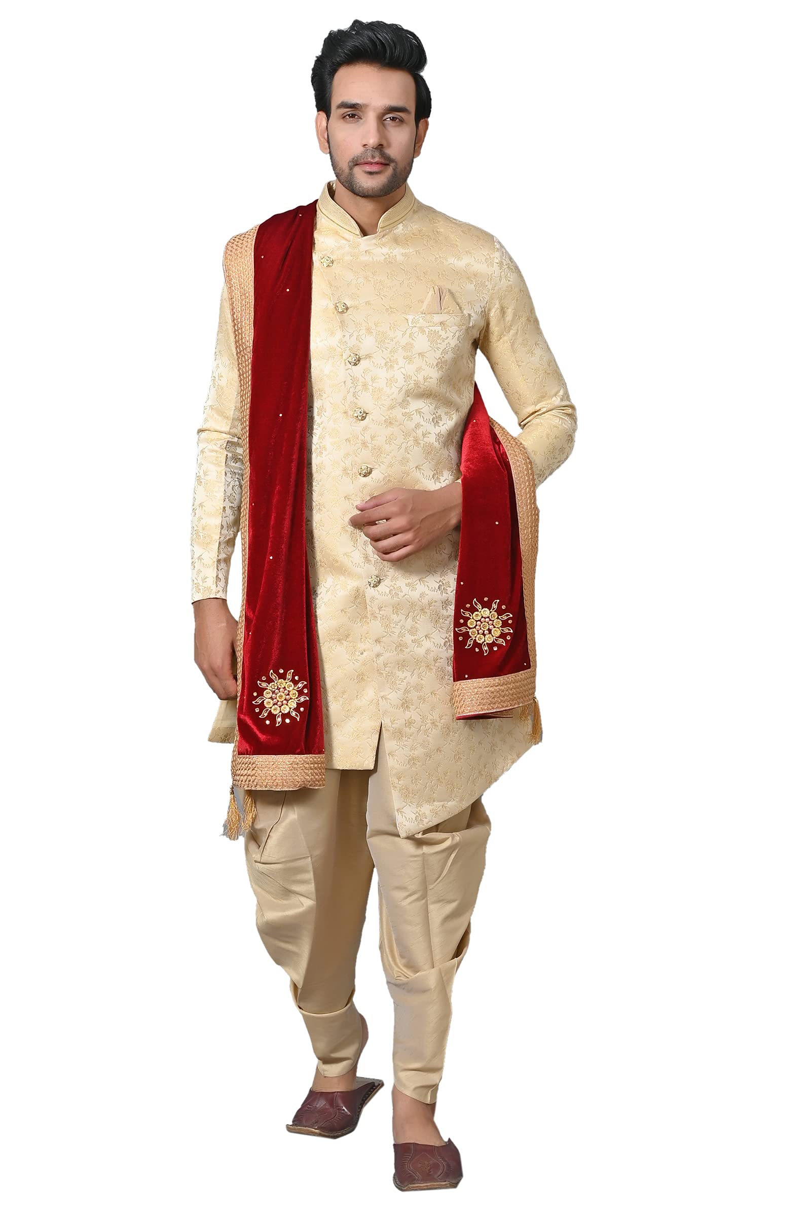sneh Men's Velvet Sherwani Dupatta with Heavy Work and Tassels (Maroon,Free Size)-picture-51
