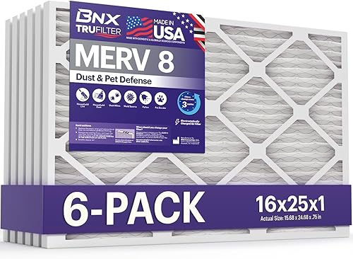 BNX TruFilter - Filtro de aire MERV 8 de 16 x 25 x 1 pulgadas (paquete de 6)  Fabricado en Estados Unidos  Protección contra el polvo y las mascotas