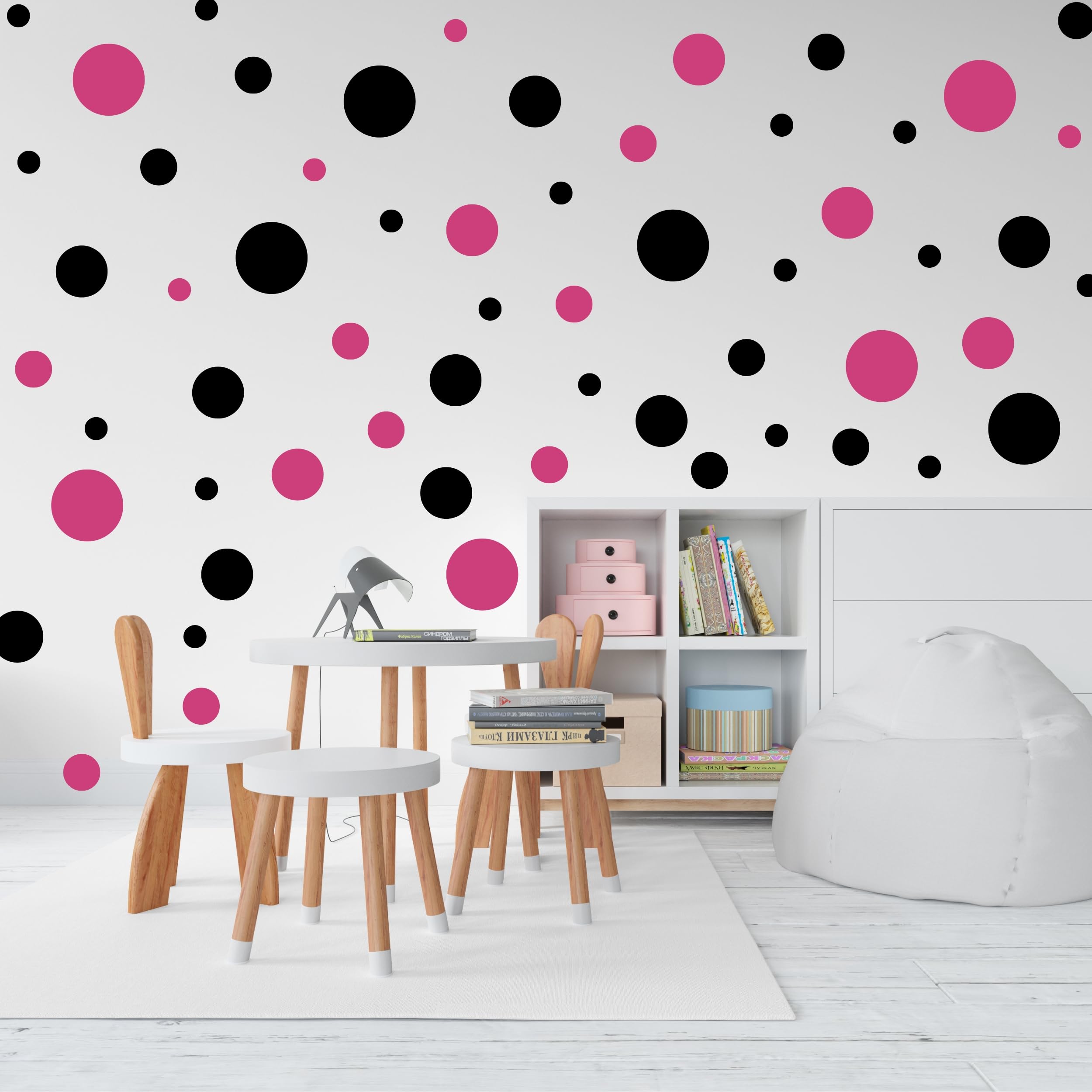 30er-Set Polka Dots Wandaufkleber – Kreise In Pink & Schwarz, Vinyl, Matte Oberfläche