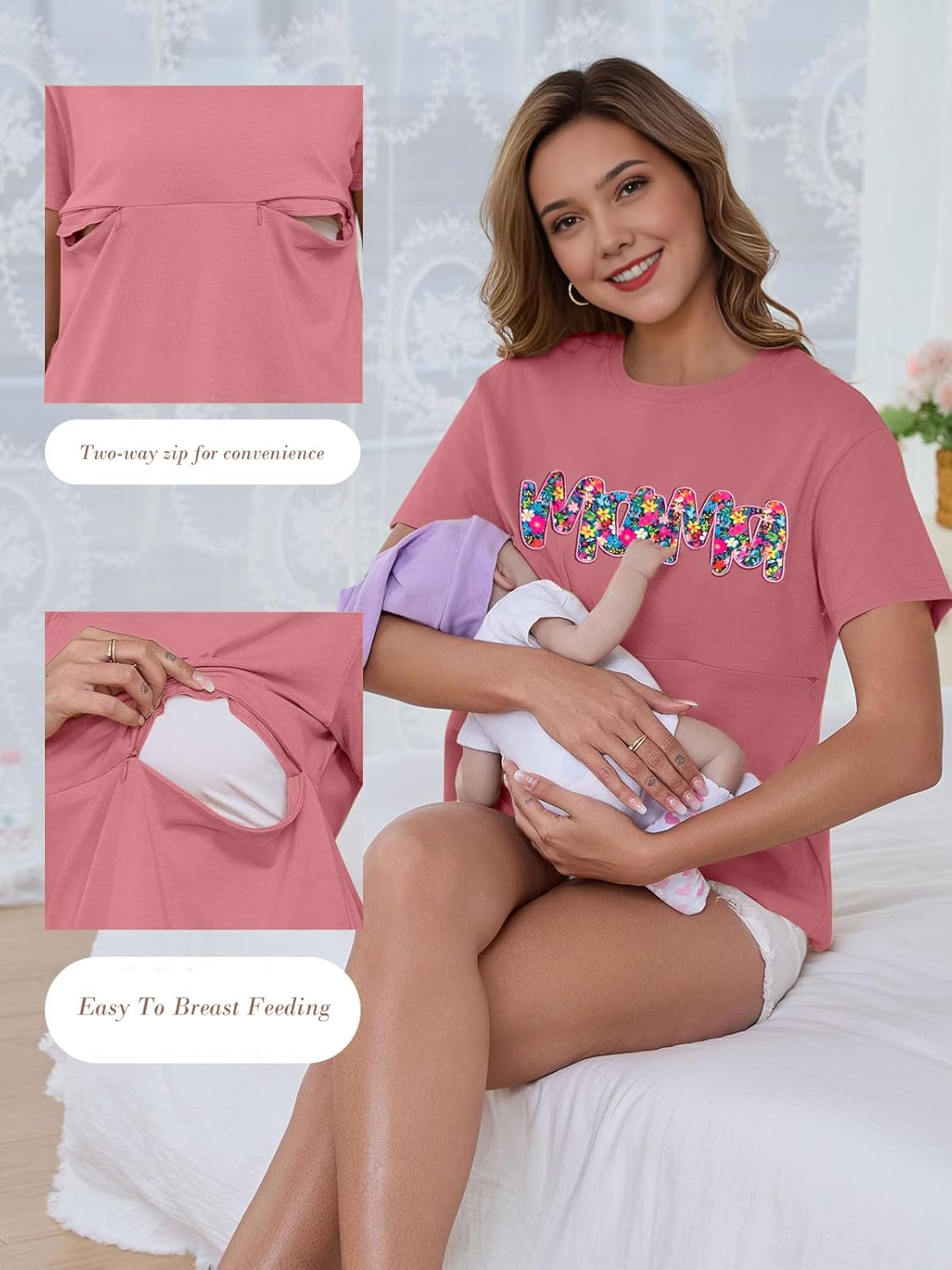 Nursing Shirts for Breastfeeding Women Mama Zip Maternity Tshirts Nursing Tops Maternity Graphic Tee - Image 5