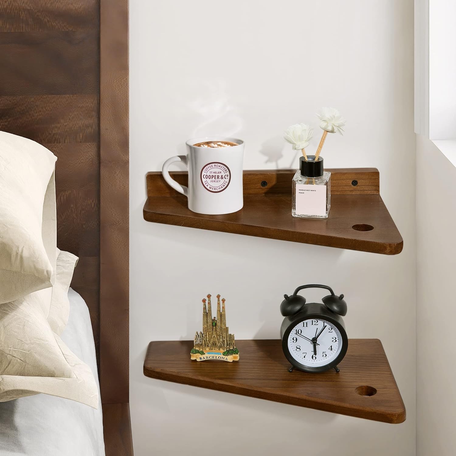 Craftsline Floating Nightstand Wall Mounted, 13 inch Wood Floating Shelves Bedside Tables Rustic Wall Desk Decor for Bedroom, Living Room, Kitchen, Bathroom, Office Set of 2 (Walnut)-image-10