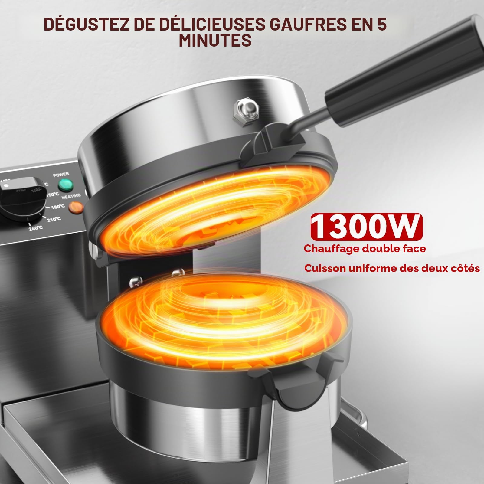 CROSSON Gaufrier Professionnel Rotatif,Gaufre Ronde en Acier Inoxydable Machine à Gaufres avec Revêtement Anti-Adhésif Contrôle de la Température et du Temps,220V/1300W