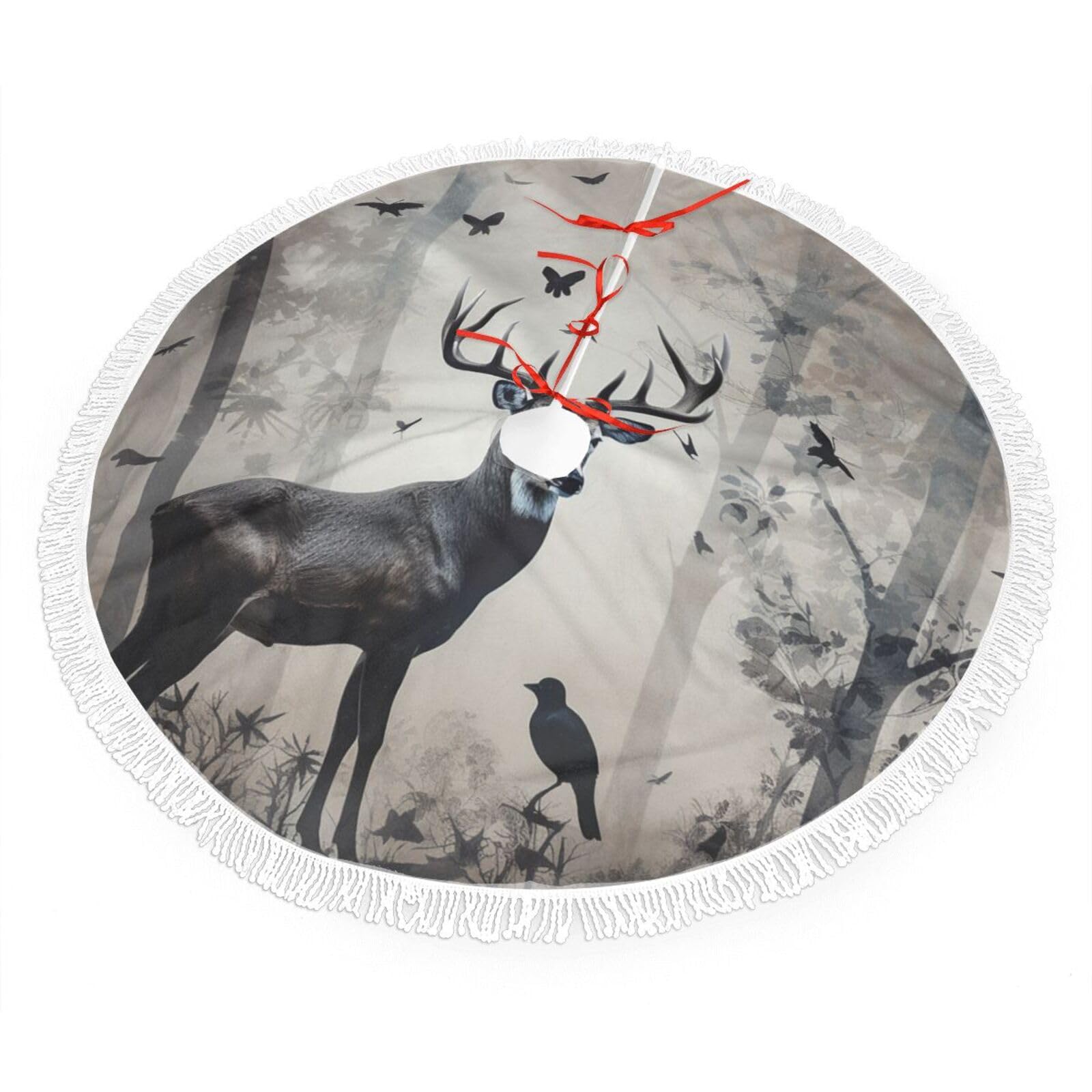 Hunting Silhouette of Deer Christmas Tree Skirt 36", Soft Plush Xmas Tree Carpet with Tassel Christmas Ornaments Winter Holiday Tree Mat Decoration for Home Party Supplies