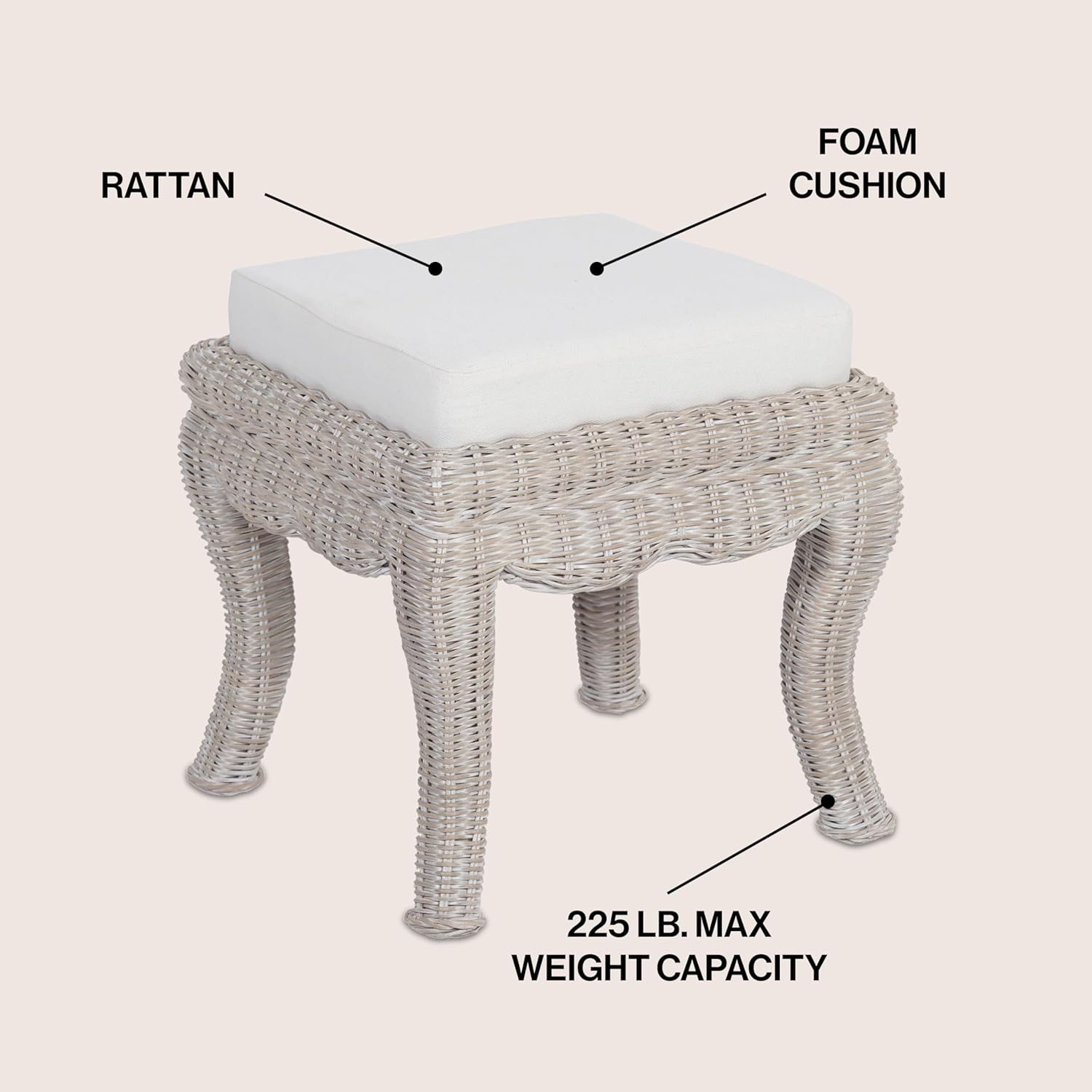 JONATHAN Y VSL1000C Rowan 19.7" Bohemian Designer Woven Rattan/Wood Ottoman Vanity Stool, White Cushion Seat with Gray White Wash Binded Base, for Living Room, Bedroom, Entryway, Foyer