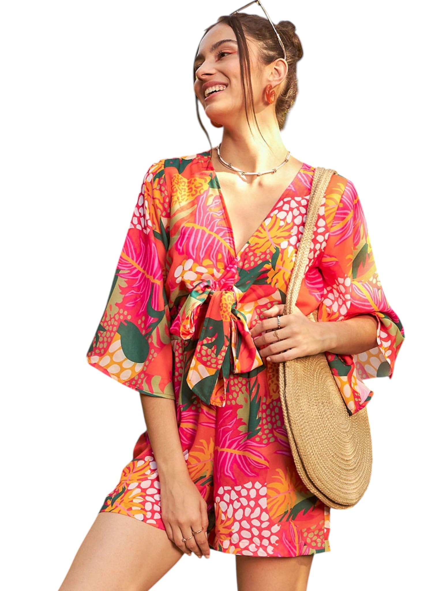sassafras Orange Floral Front Tie Knot Playsuit-picture-15