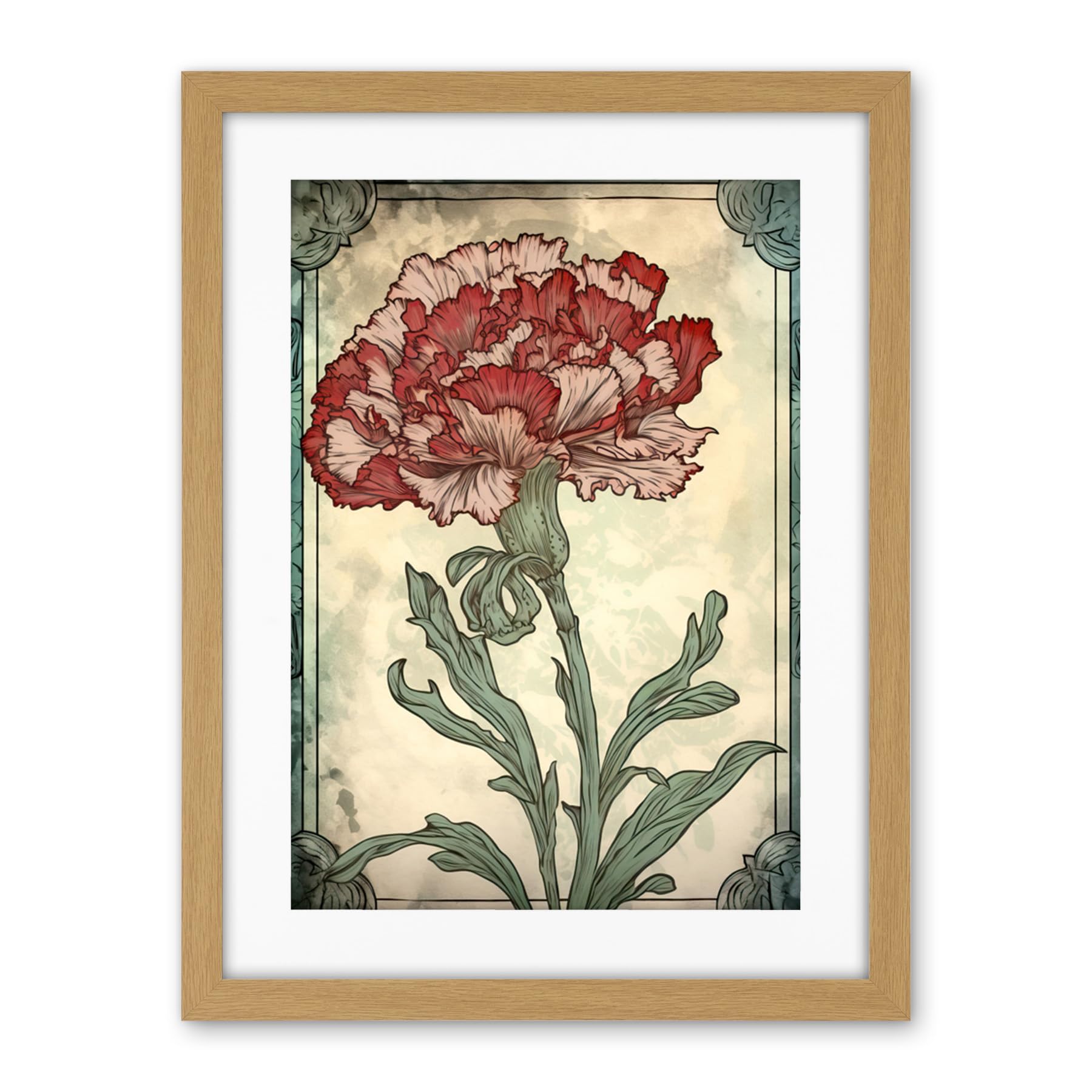 Artery8 Red Carnation Flower Bloom Watercolour Art Nouveau Artwork Framed Wall Art Print 18X24 Inch