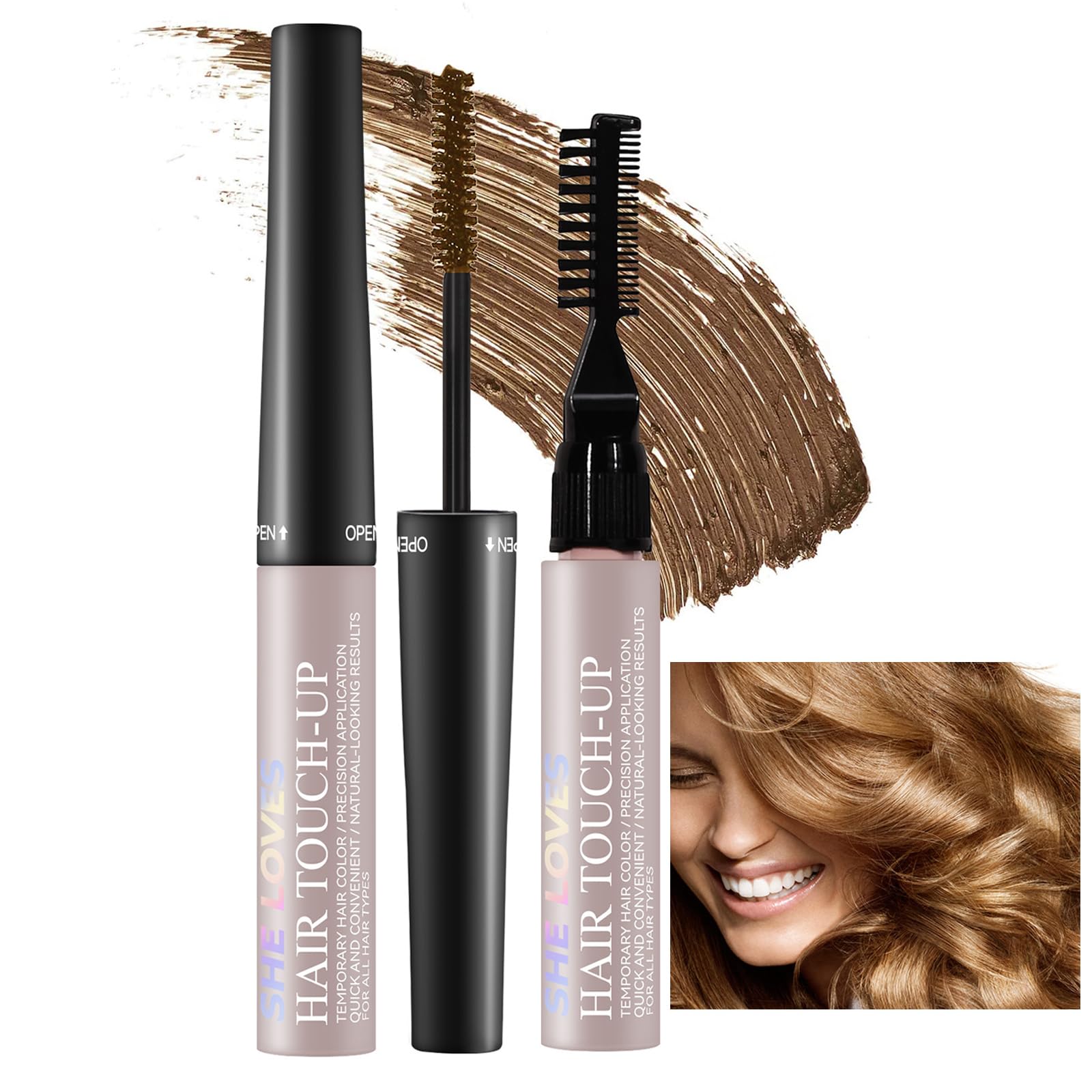 Root Touch Up Golden Brown, Grey Hair Cover Up Beard Dye Hair Mascara Root Cover Up Semi Permanent Hair Dye Temporary Brush On Colour Waterproof Sweatproof Long-Lasting -3 Type Brushes(Gold Brown)