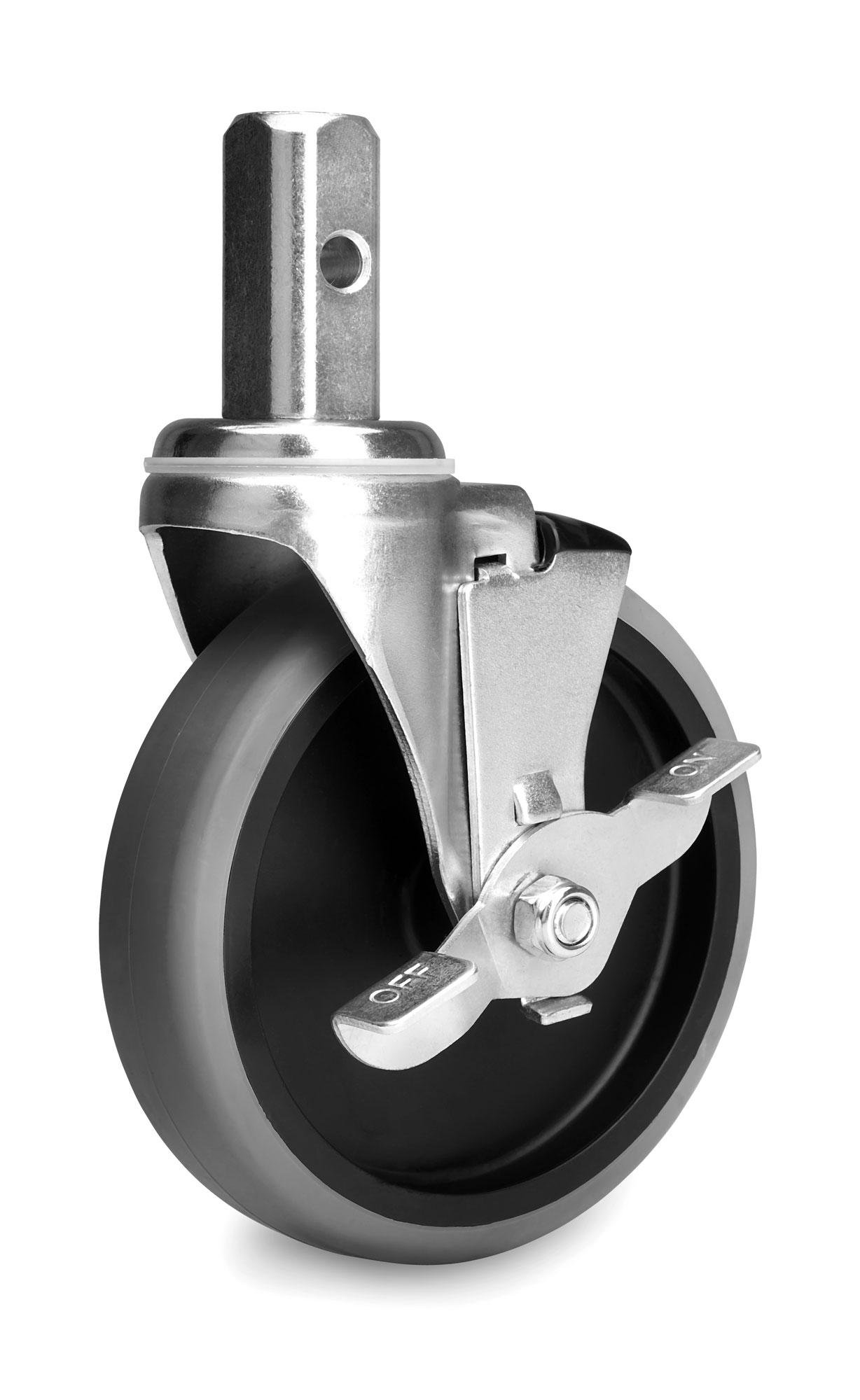 Set 4 ruote Stagecaptain 125 mm con freno, robuste per retrofit, carico 100 kg, gomma dura 26 mm, orientabili. Set da 4 pezzi.