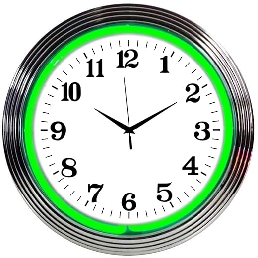 Neonetics Bar and Game Room Neon Alphanumeric Wall Clock with Green Neon and Chrome Rim, 15 Inch