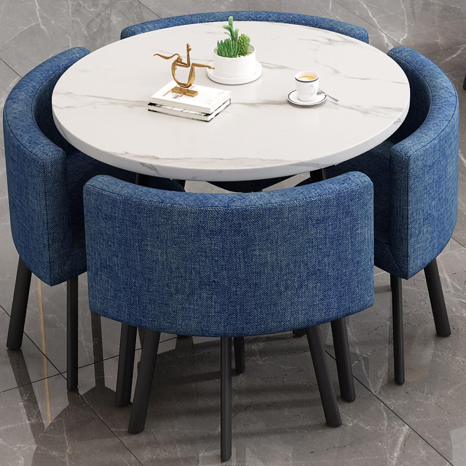 WOOOFA Round Dining Table Set for 4, Faux Marble Conference Table and Chairs Set, Kitchen Table Chairs Set with Strong Metal Frame, Space-Saving,