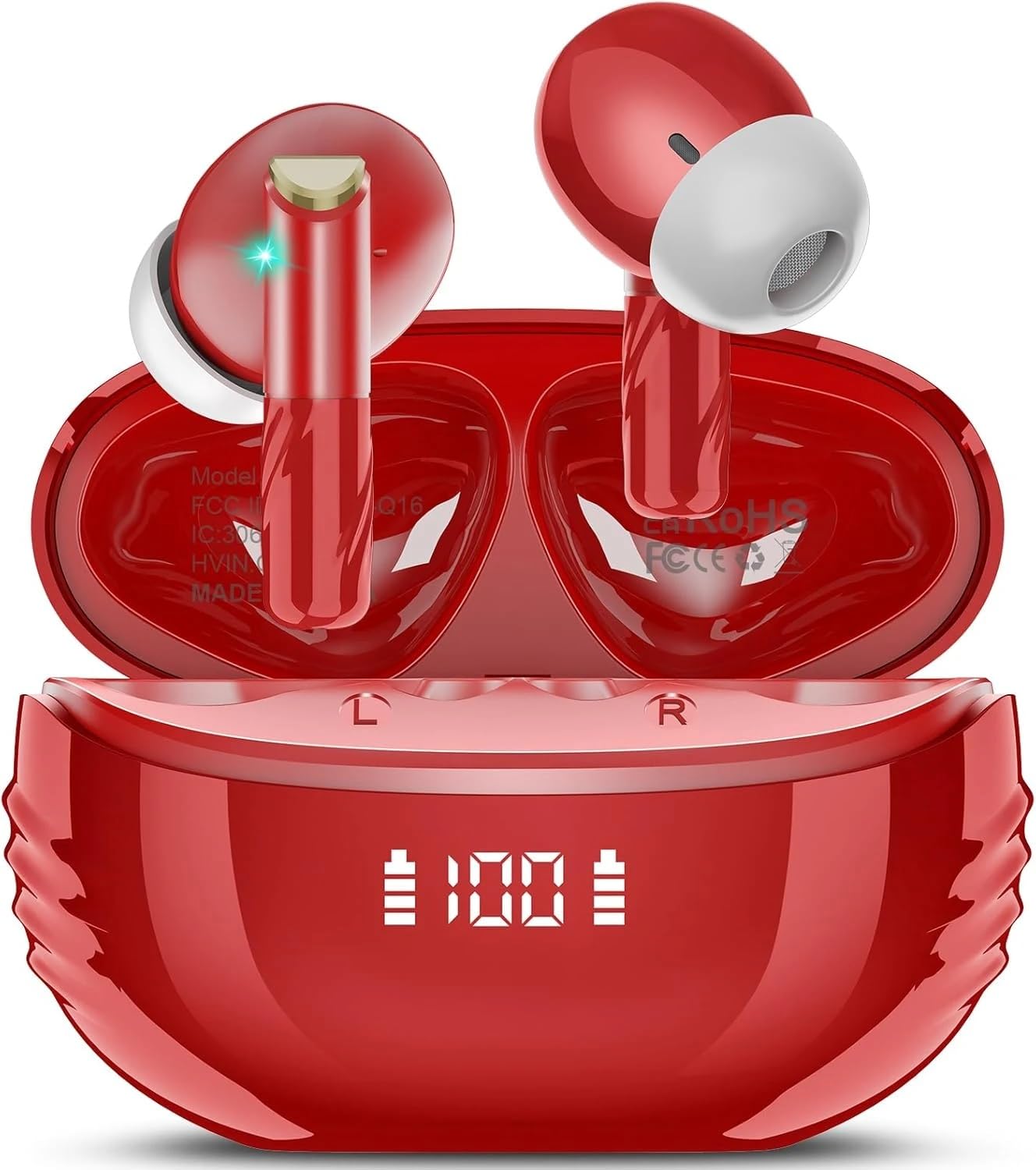 Conyat Waterproof Earphones with Charging Case, Wireless Earbuds LED Power Display Headphones Bass Stereo, Red