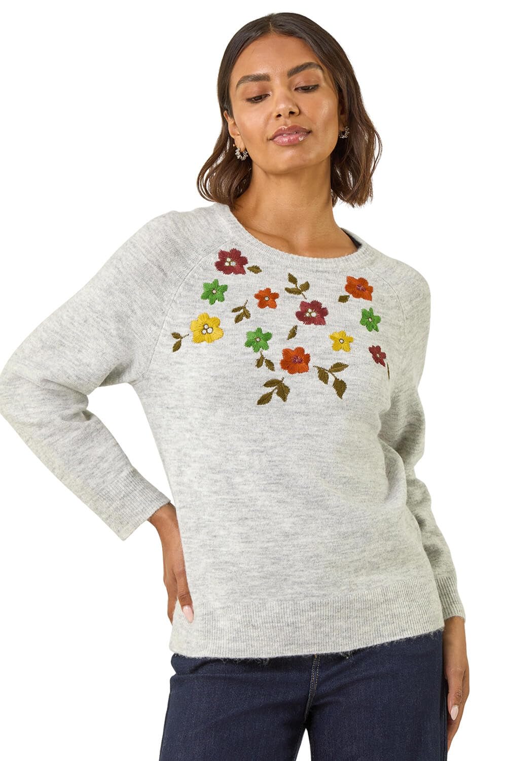 Roman Women's Grey Floral Embroidered Knit Jumper In | : Size 12