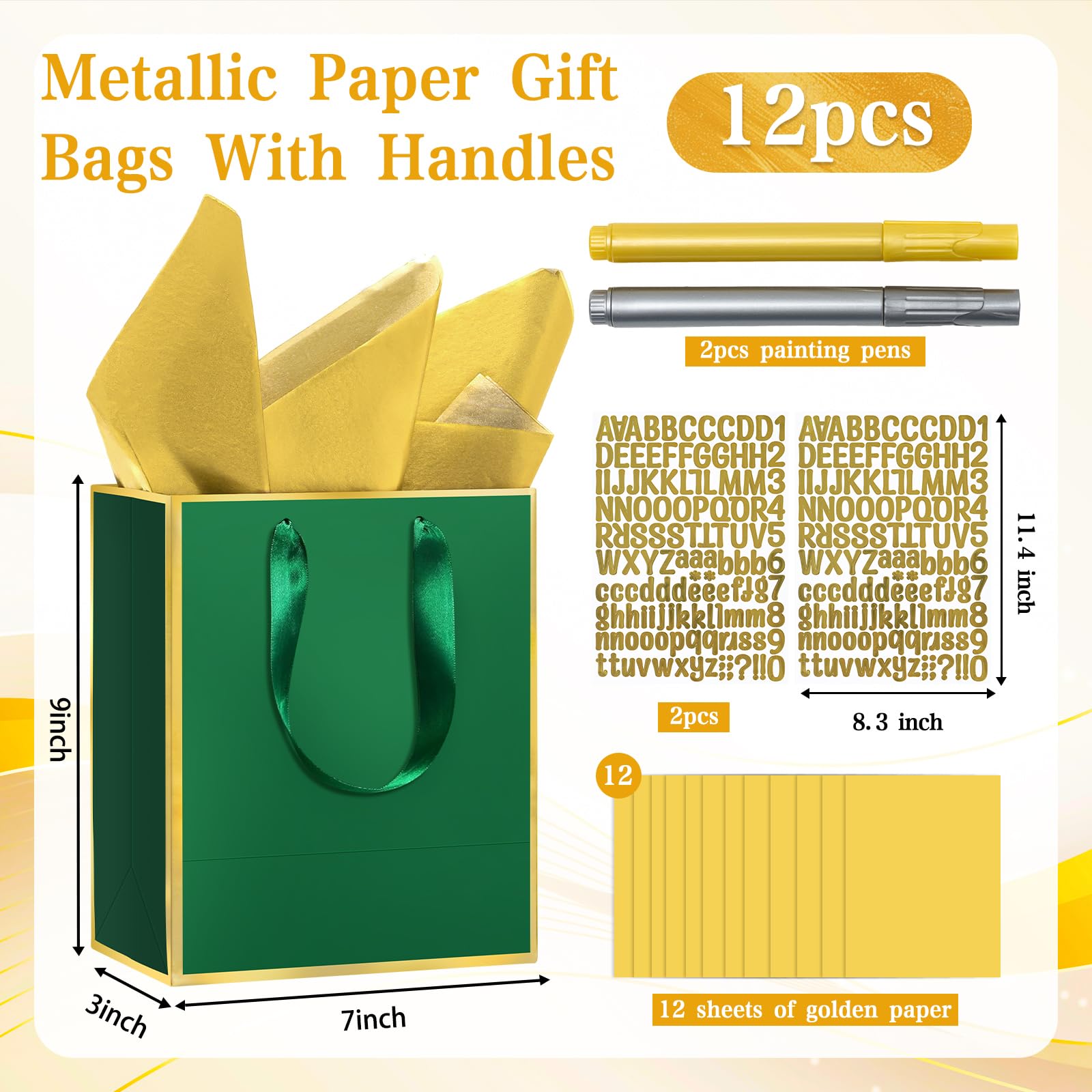 Lot de 12 sacs cadeaux en papier métallique avec poignées, papier de soie et stylos de peinture, 22,9 x 17,8 x 7,6 cm, sacs cadeaux à 5 sens avec étiquettes pour lui et elle, adaptés pour les