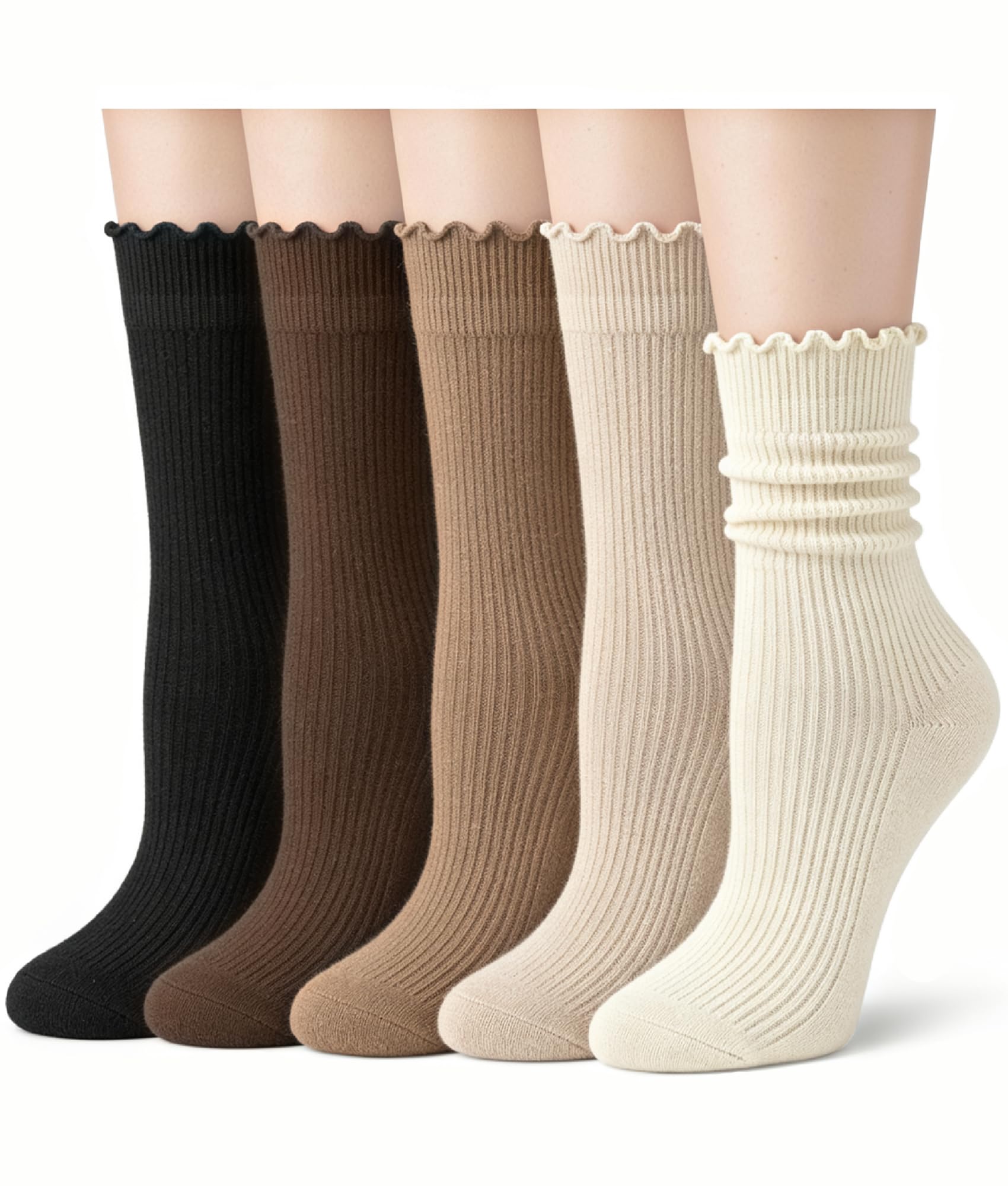 5 Pairs Thin Merino Wool Socks for Women, Frilly Boot Ruffle Socks