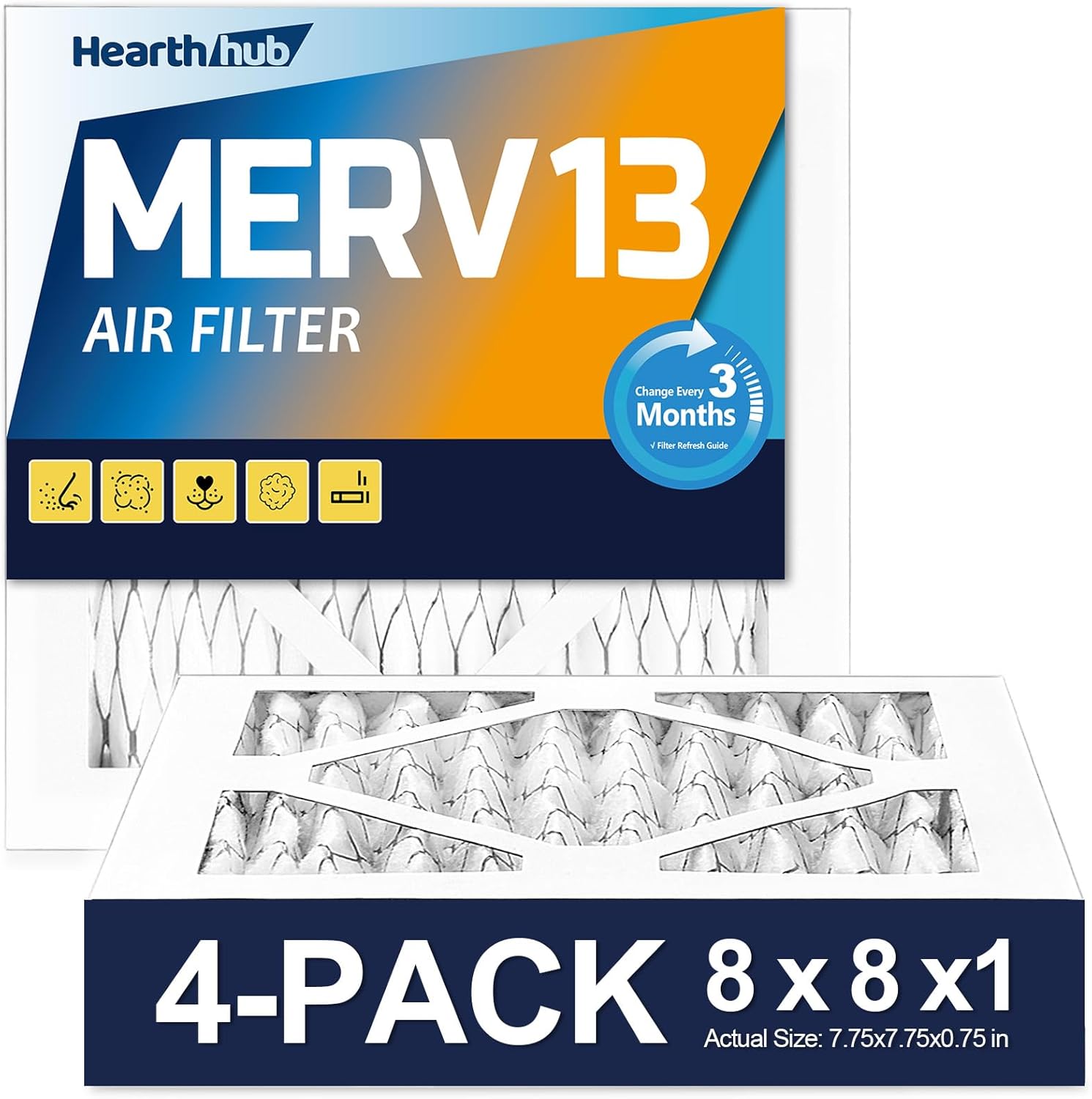 8×8×1 MERV 13 Furnace Air Filters - HVAC/Furnace AC Filter Replacement (Actual Size 7.75x7.75x0.75) - Pleated Dust Defense Air Conditioner Filters for Home Office (4 Pack)