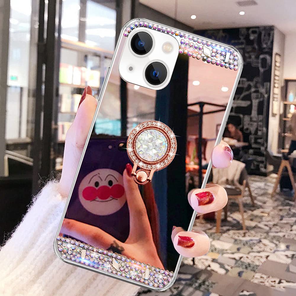 Omorro IPhone 13 Mini Hülle Mit Make-up-Spiegel & Ringhalter – Glitzerstrass Rose Gold, Kuscheliger Schutz Mit Griff