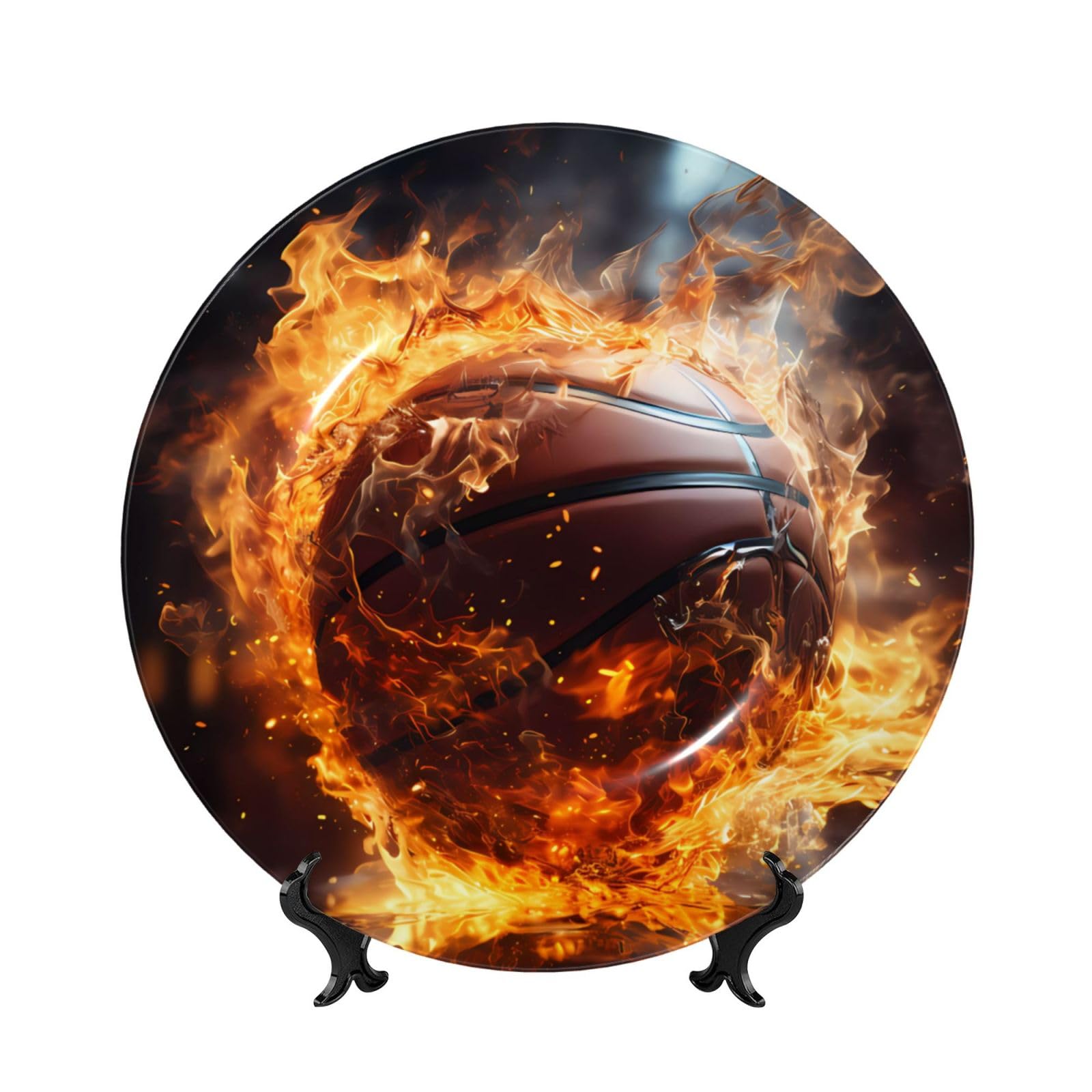 SXZVVBN Basketball on Fire and Water Flame Splashing Bone China Decorative Plate Art with Stand Removable Adhesive Hanging for Home Office 7in