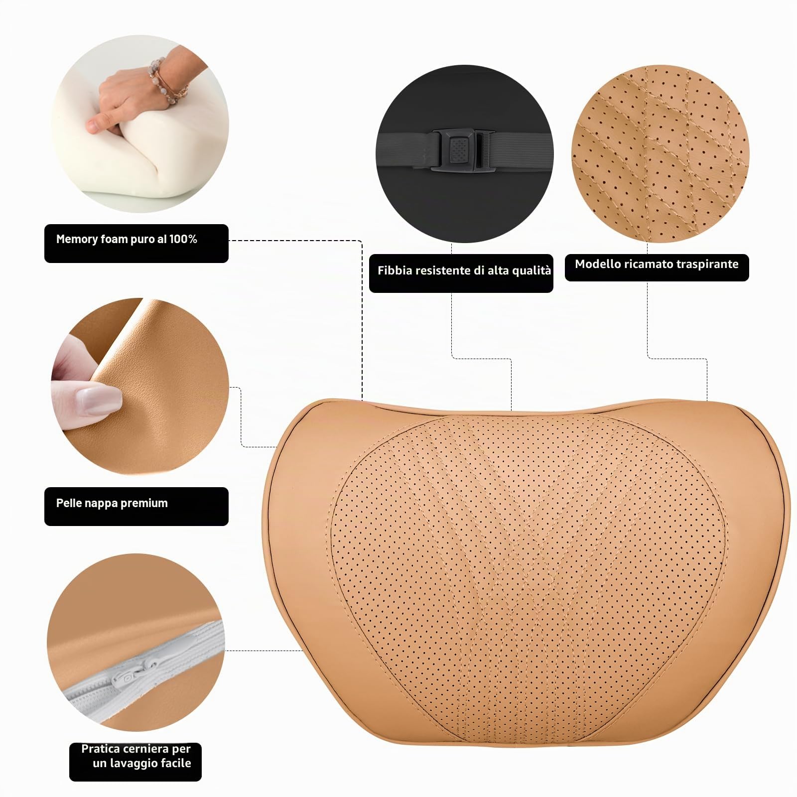 Cuscino per il Collo dell'auto in Memory Foam, Poggiatesta in Pelle di Alta Qualità, Cuscino di Supporto per il Collo Universale per la Guida, Casa e Ufficio, Marrone Palomino, 2 Pezzi