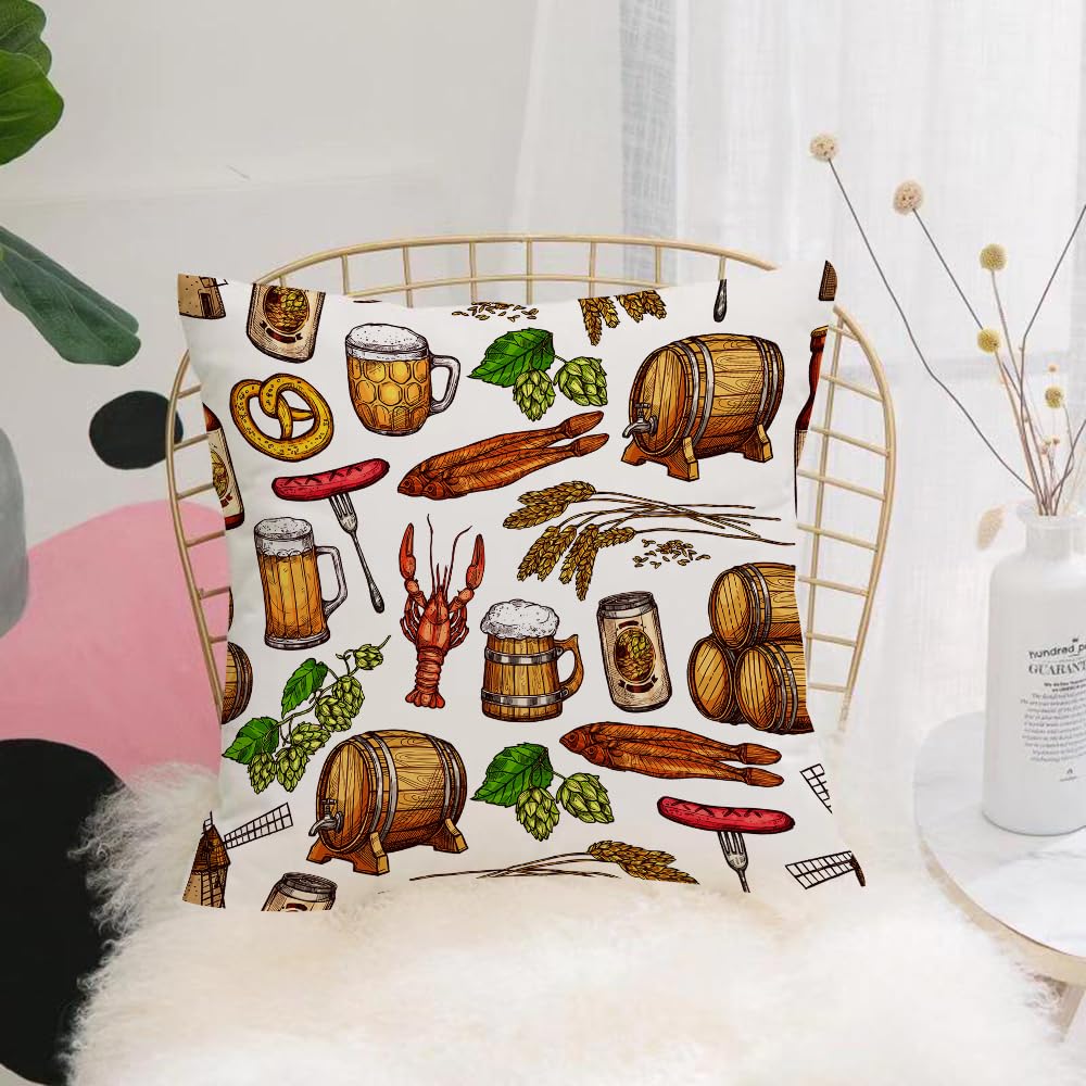 HYOSXW Cushion Cover,Throw Pillow Case Home Decorative for Living Room Bedroom Sofa Chair 16X16 Inch,Beer drinks background. Beer glass bottle wooden barrel and can sketches with s,Pillowcase 40X40cm