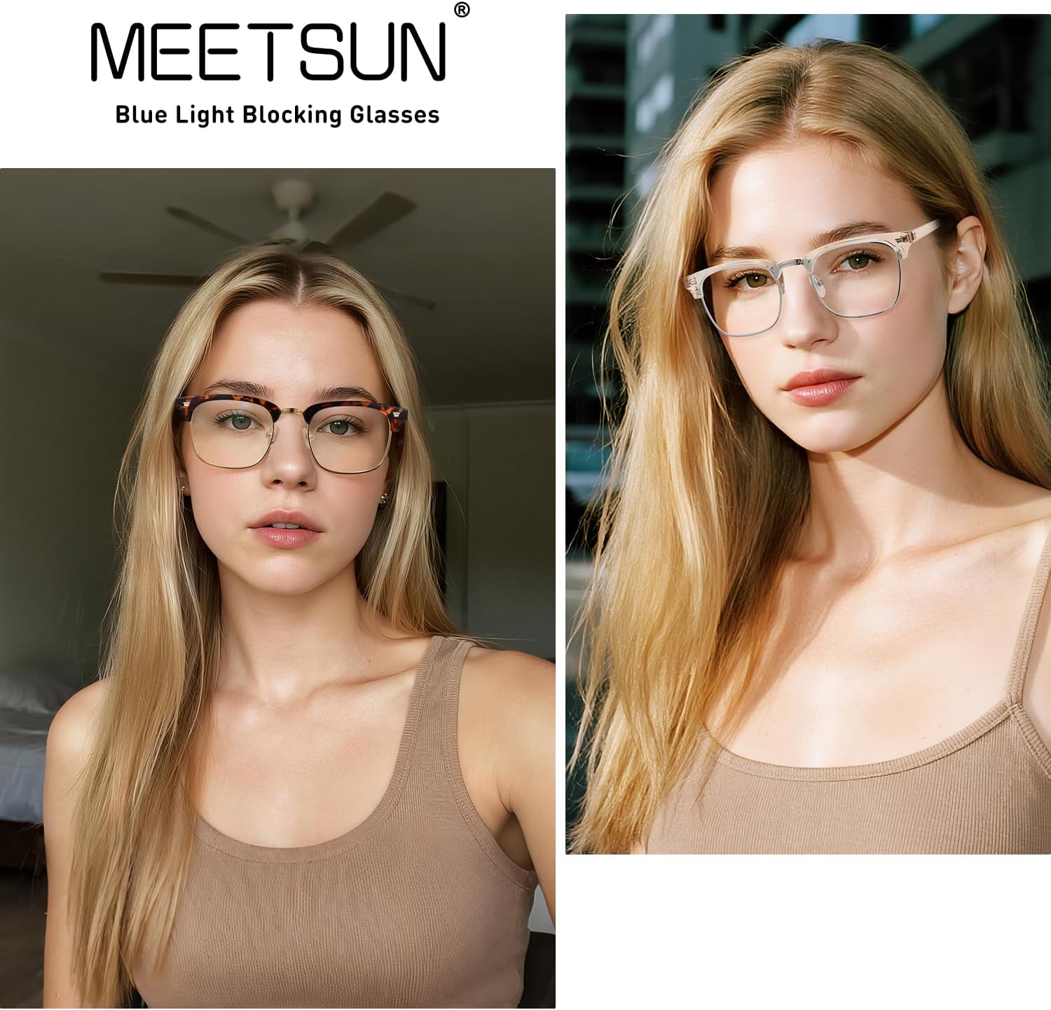 MEETSUN Blue Light Glasses Retro Half Frame Clear Lens - Anti-Eyestrain for Computer, Gaming & Phone Use | Women Men Fashion Bluelight Glasses(Tortoiseshell Frame+Clear Frame / 2 PACK) - Image 2