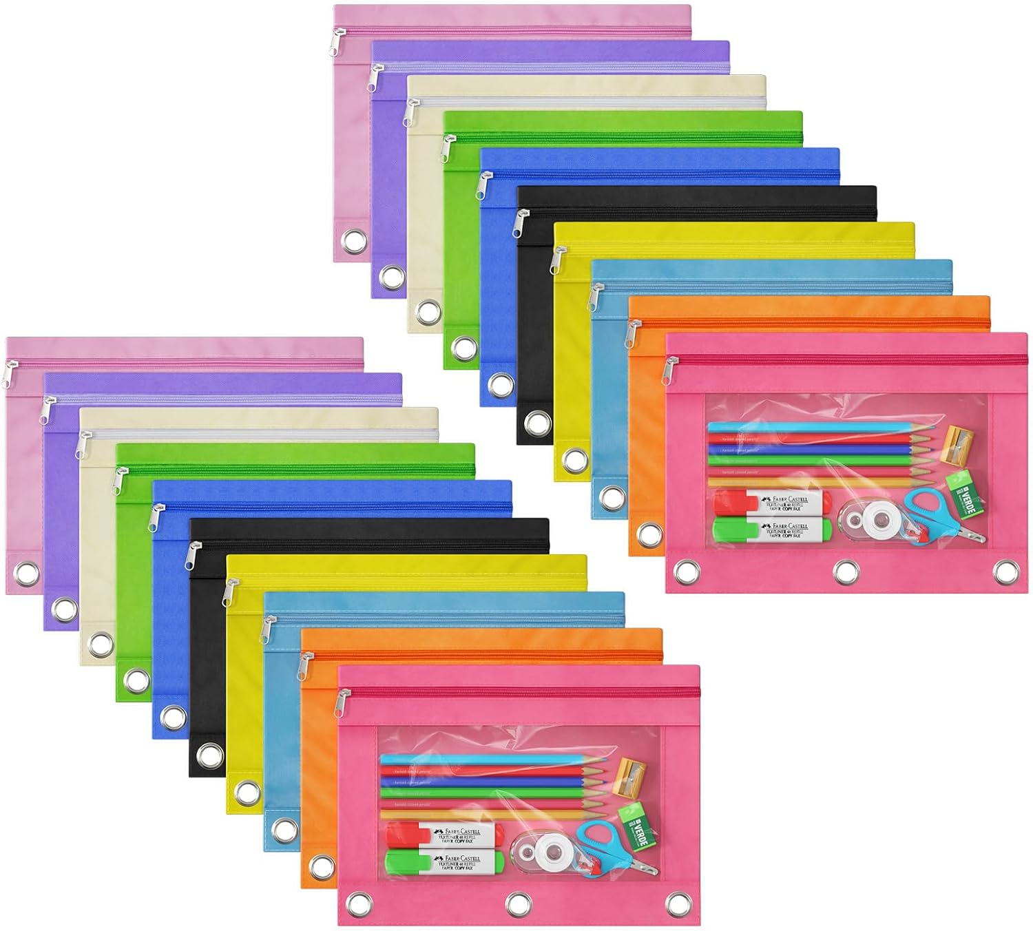 DoDoMagxanadu Binder Pencil Pouches, Pencil Pouch for 3 Ring Binder with Zipper Pulls, Clear Window Pencil Case for Binder, Zipper Pencil Pouches with Rivet Enforced 3 Ring, 20 Pack, 10 Color