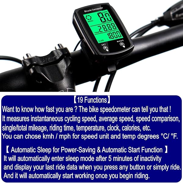 JZK Computer da bicicletta cablato con retroilluminazione LCD, 19 funzioni, impermeabile, contachilometri per bicicletta, con cavo per biciclette, mountain bike, tachimetro - 2