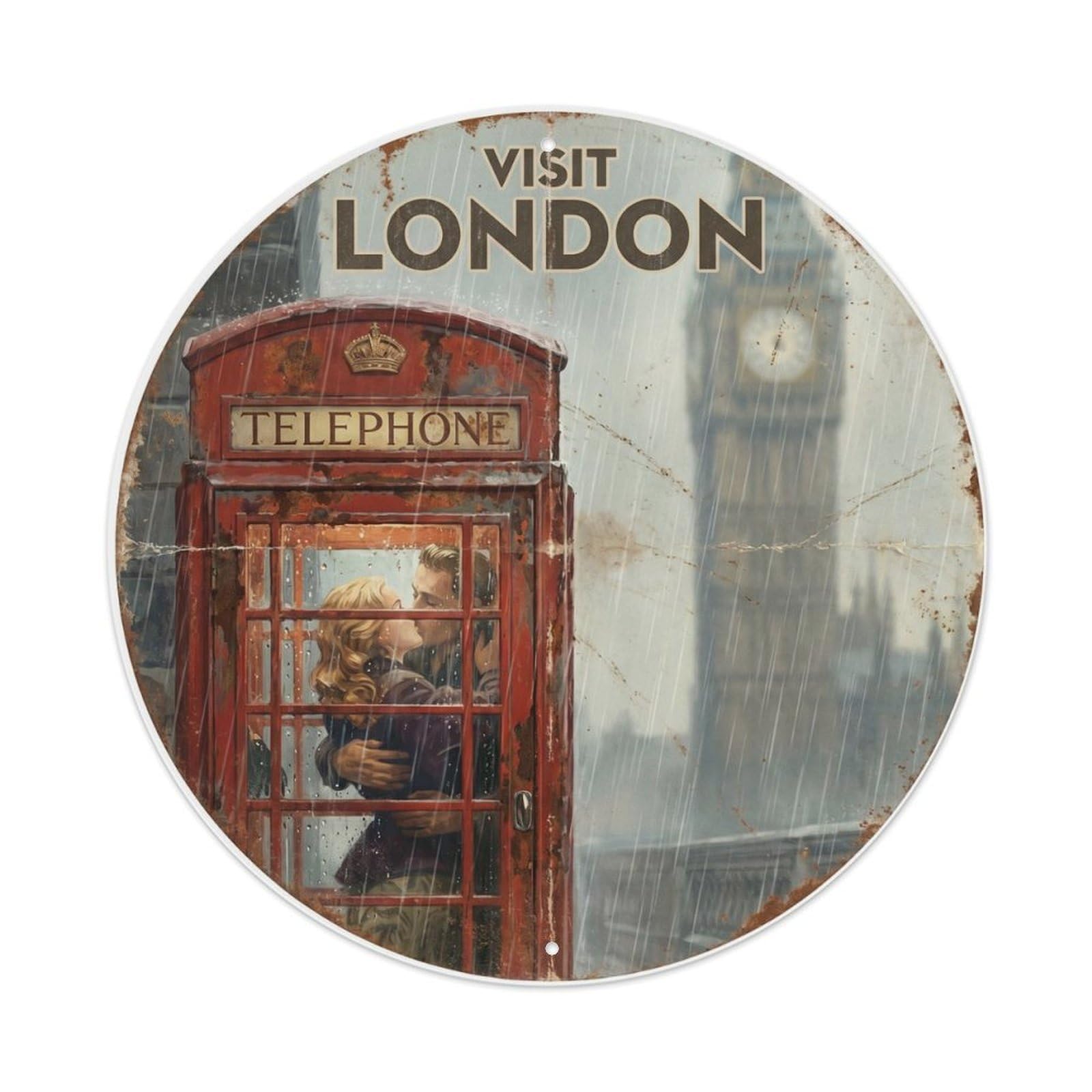 Fqcyn Style Vintage Travel England Telephone Rain Metal Tin Sign
