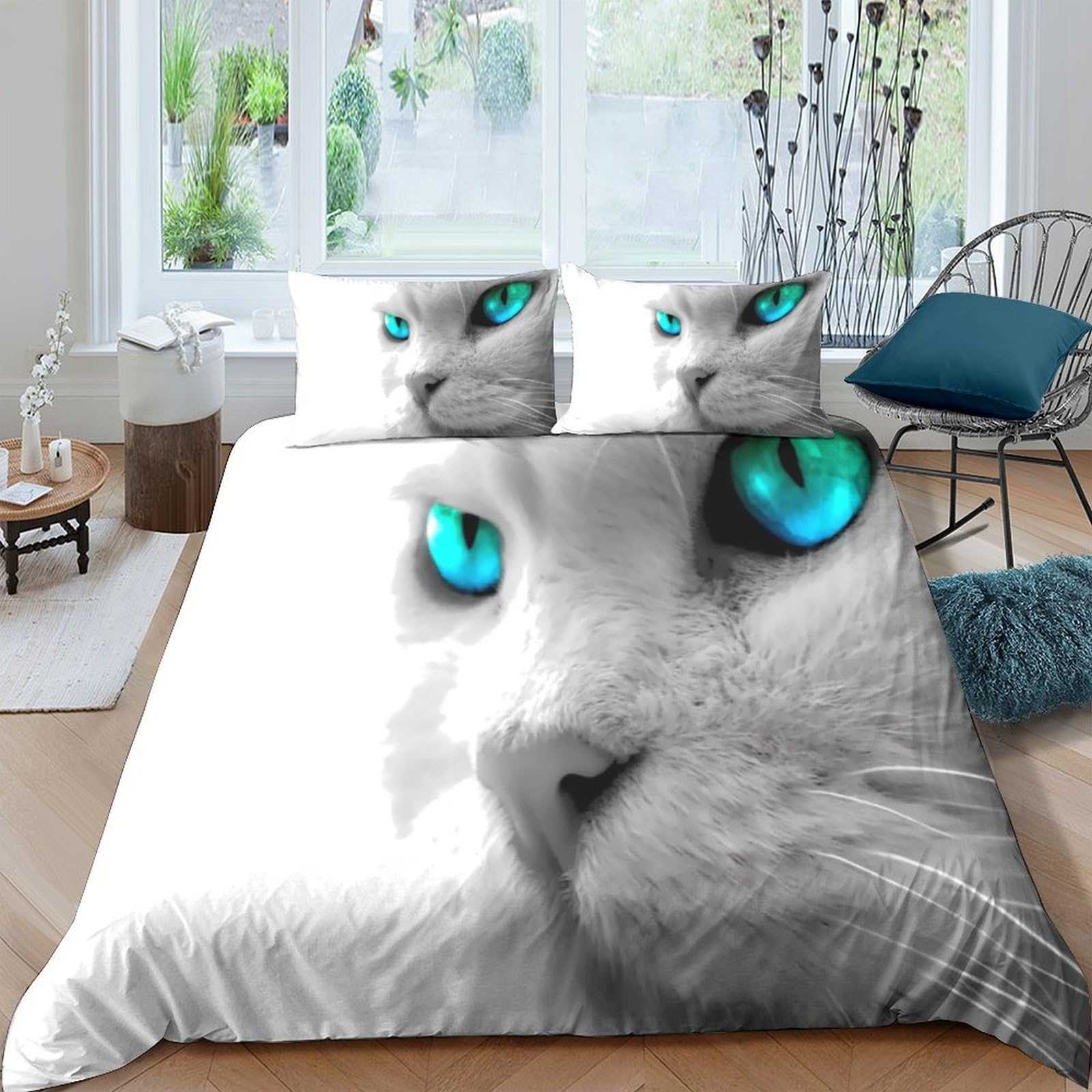 Ctjqhvkz Style-9 3D Printed Blue Eyed Cat Fitted Sheet Microfiber Soft Bedroom Decor Grey Cat Face Mattress Cover For Adults Teens Single（135X200cm）